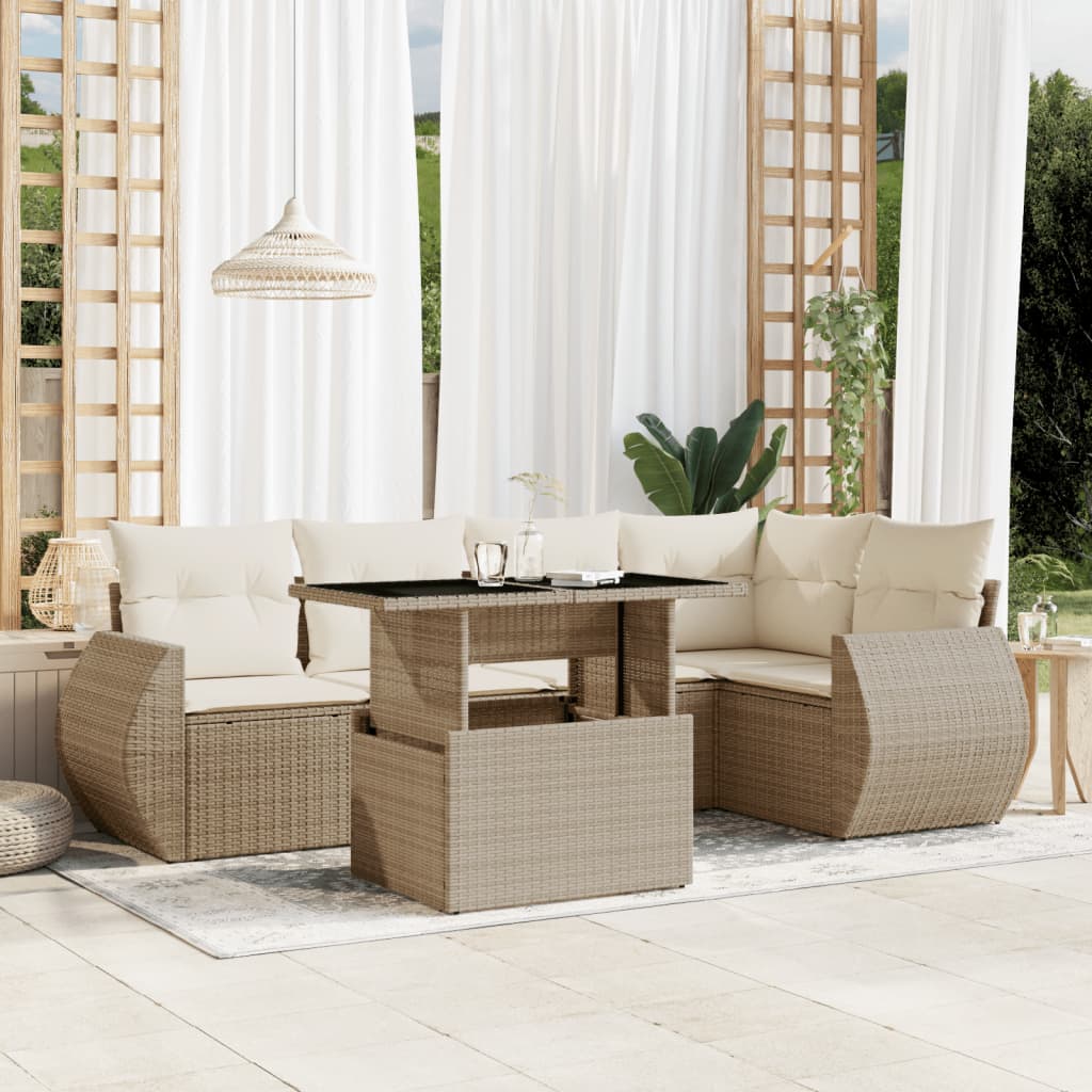 6 Pcs conjunto de sofás p/ jardim com almofadões vime PE bege