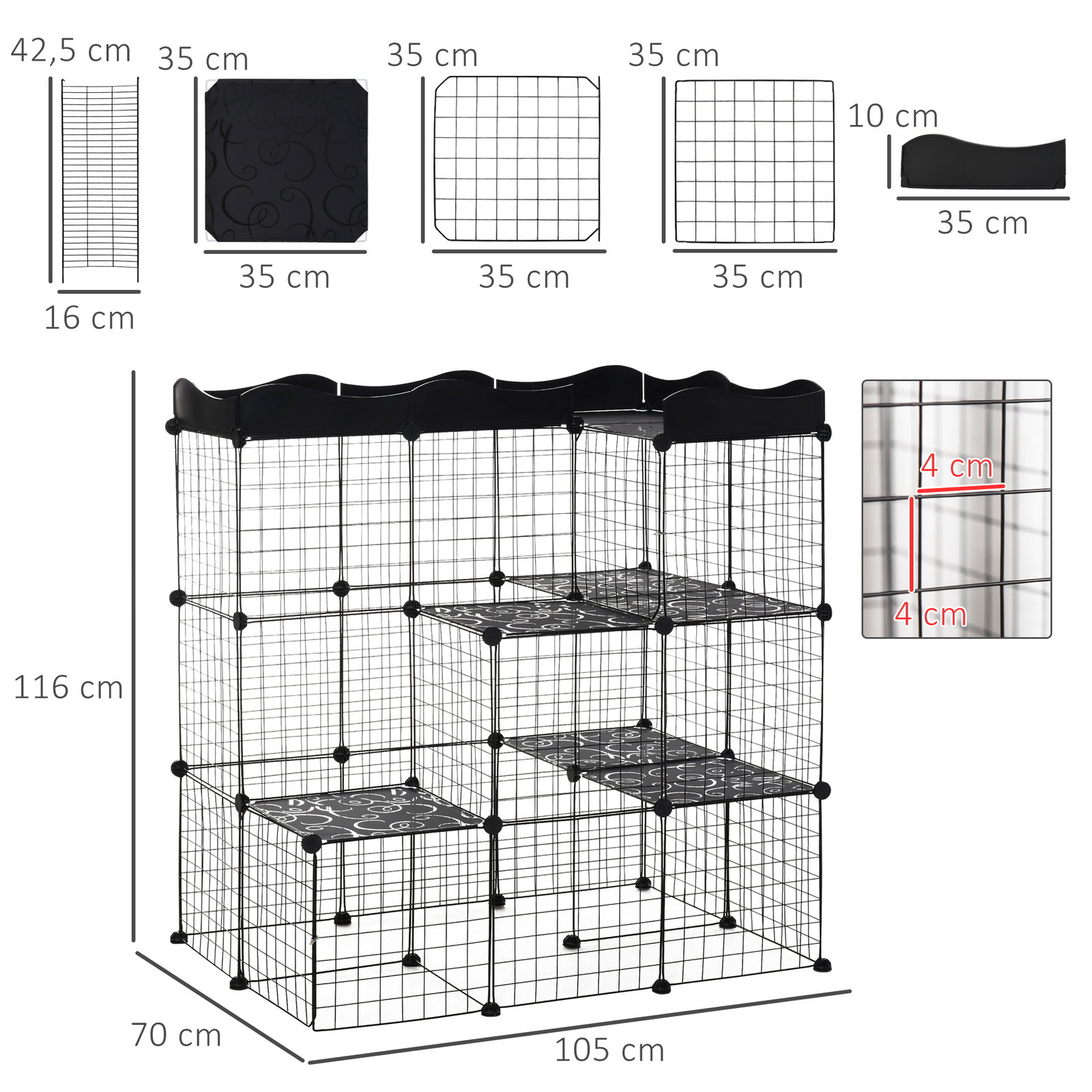 Recinto para pequenos animais com forma personalizável para coelhos porquinho da india 105x70x116 cm preto