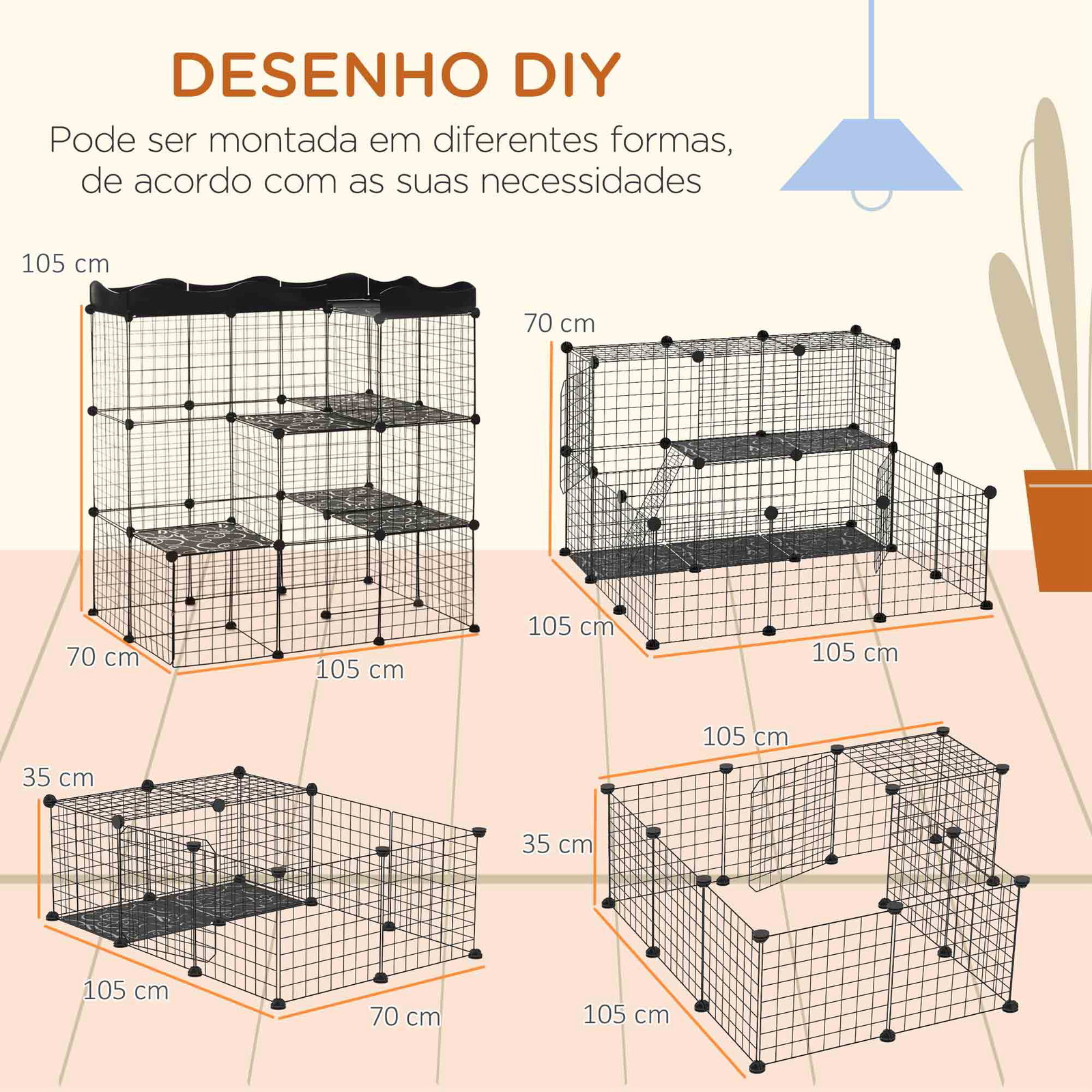 Recinto para pequenos animais com forma personalizável para coelhos porquinho da india 105x70x116 cm preto