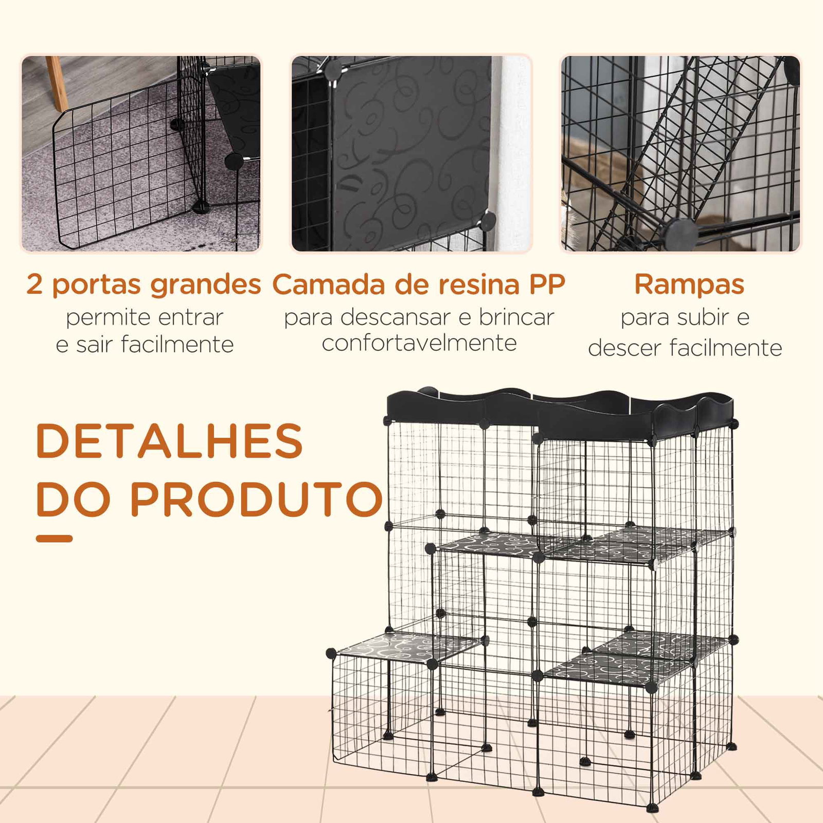 Recinto para pequenos animais com forma personalizável para coelhos porquinho da india 105x70x116 cm preto