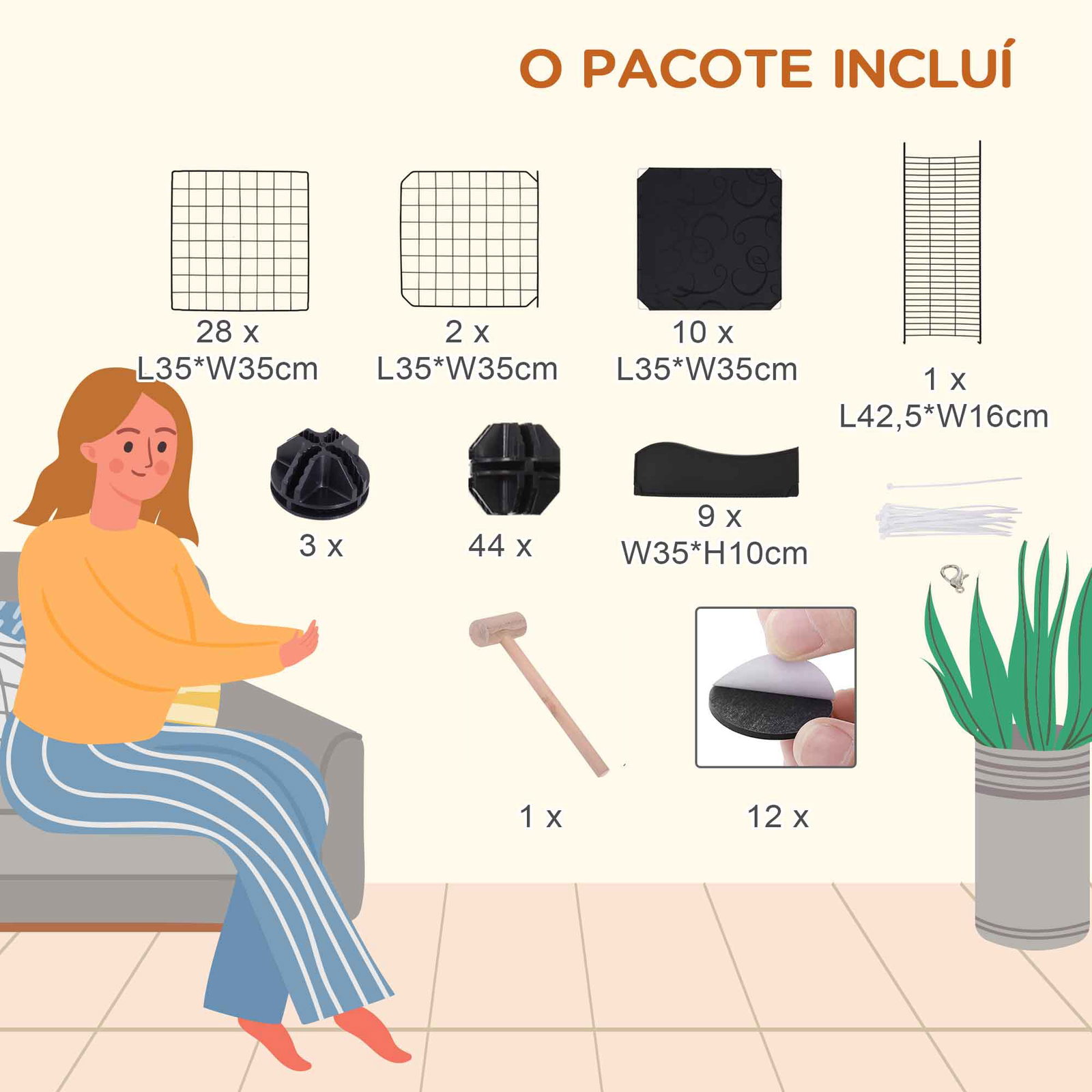 Recinto para pequenos animais com forma personalizável para coelhos porquinho da india 105x70x116 cm preto