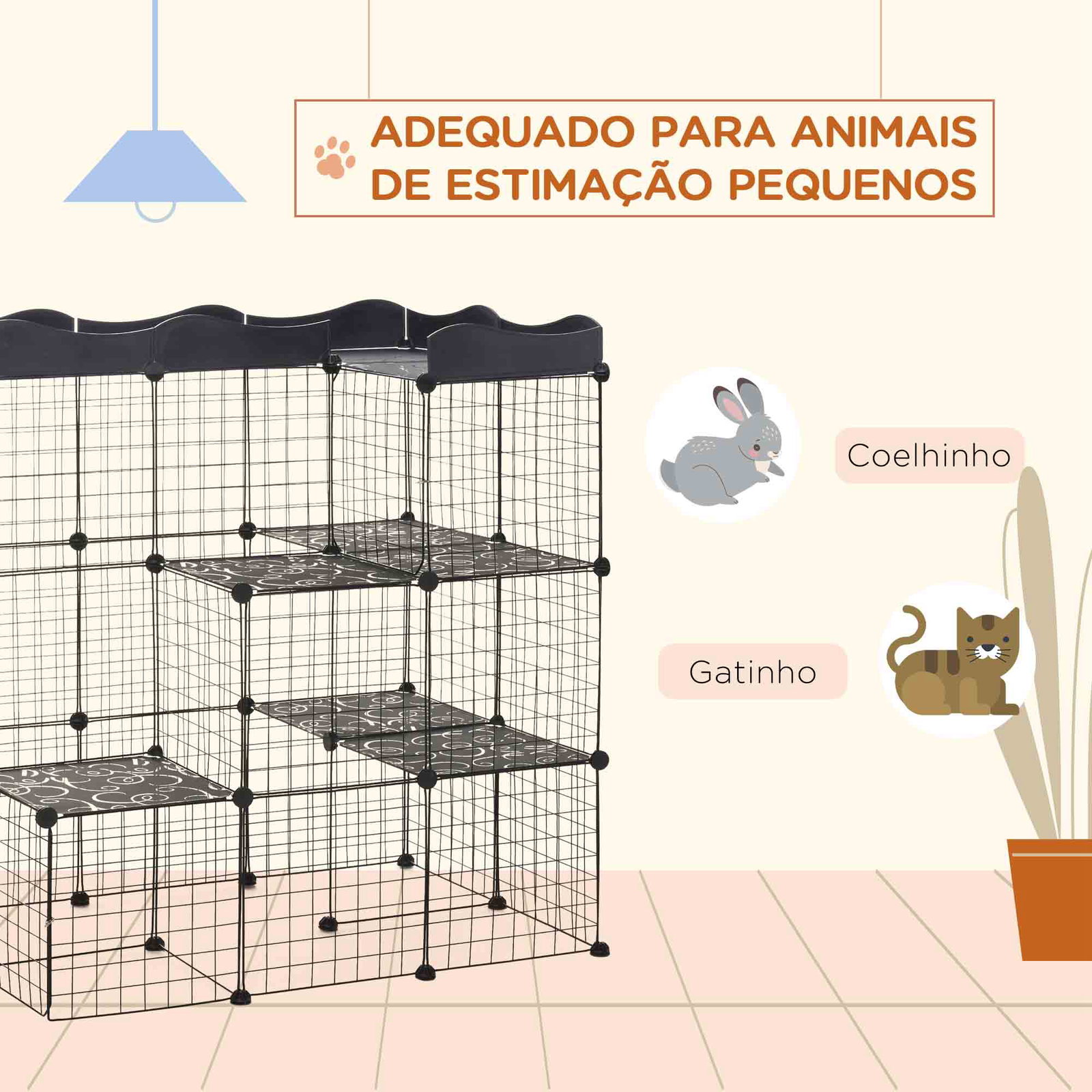 Recinto para pequenos animais com forma personalizável para coelhos porquinho da india 105x70x116 cm preto