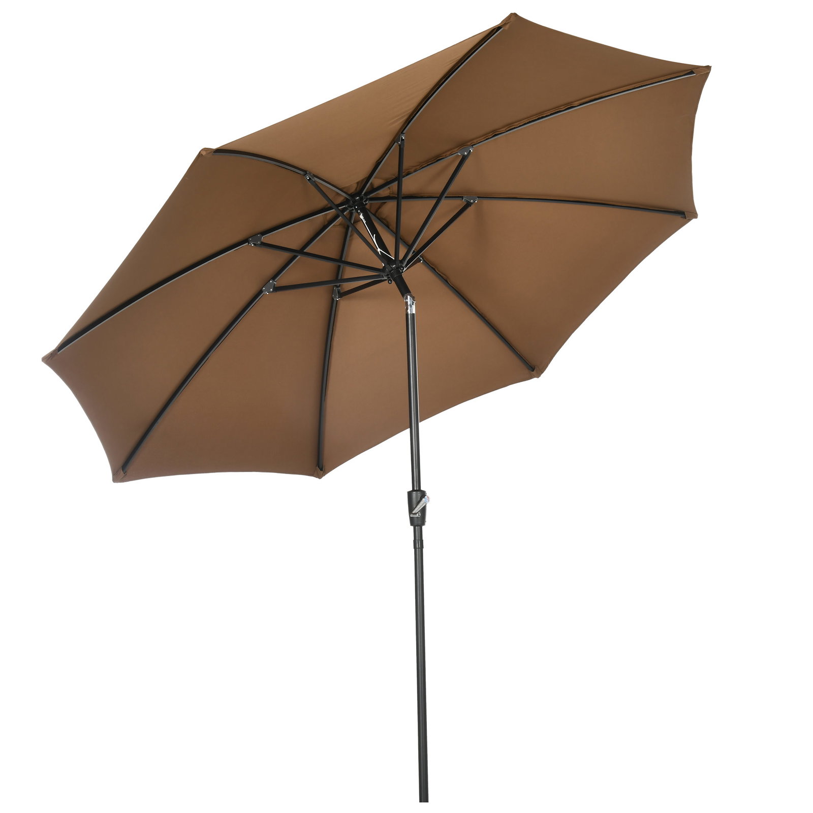 Chapéu de sol a manivela com teto inclinável e 8 hastes de metal para pátio varanda exterior ø300x240 cm marrom