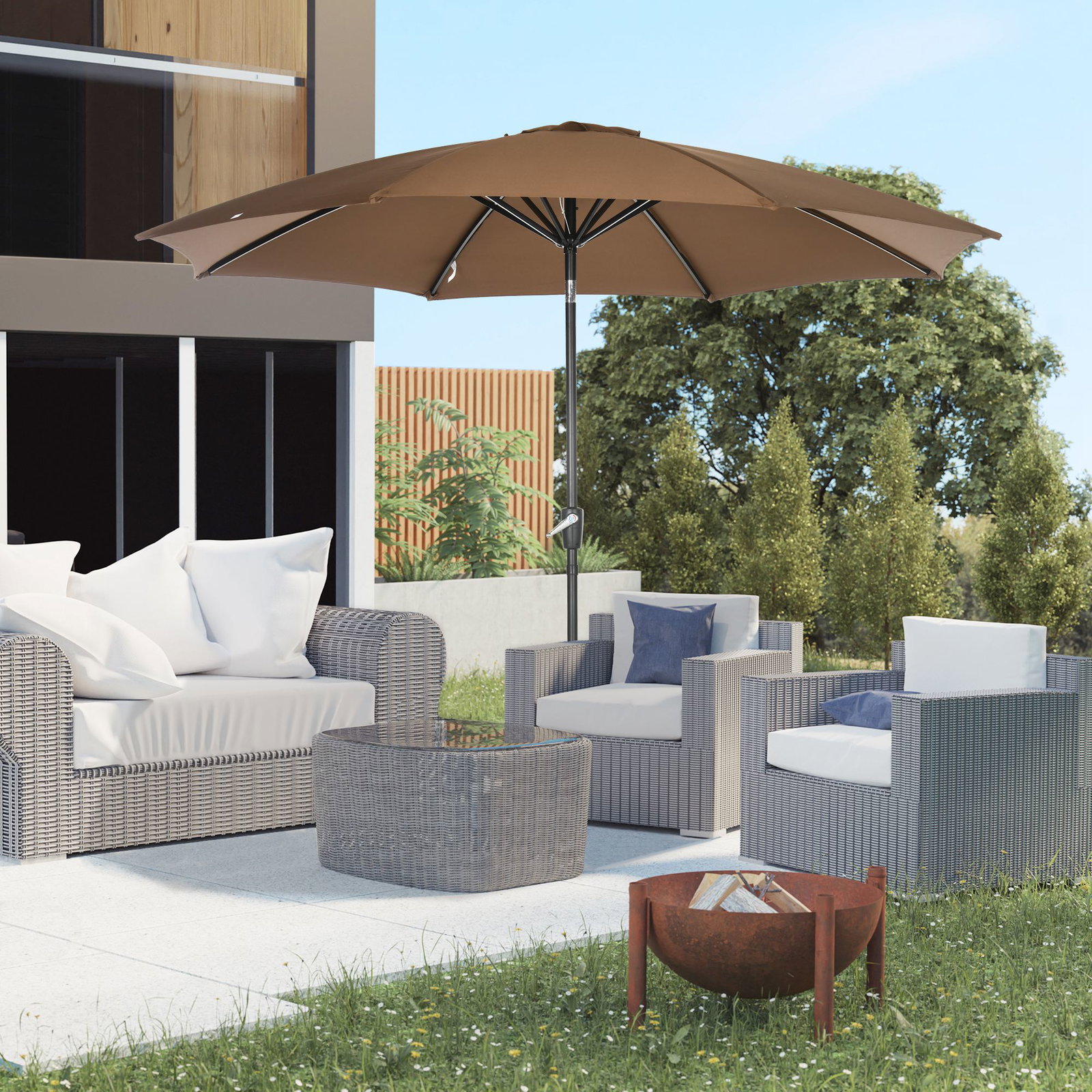Chapéu de sol a manivela com teto inclinável e 8 hastes de metal para pátio varanda exterior ø300x240 cm marrom