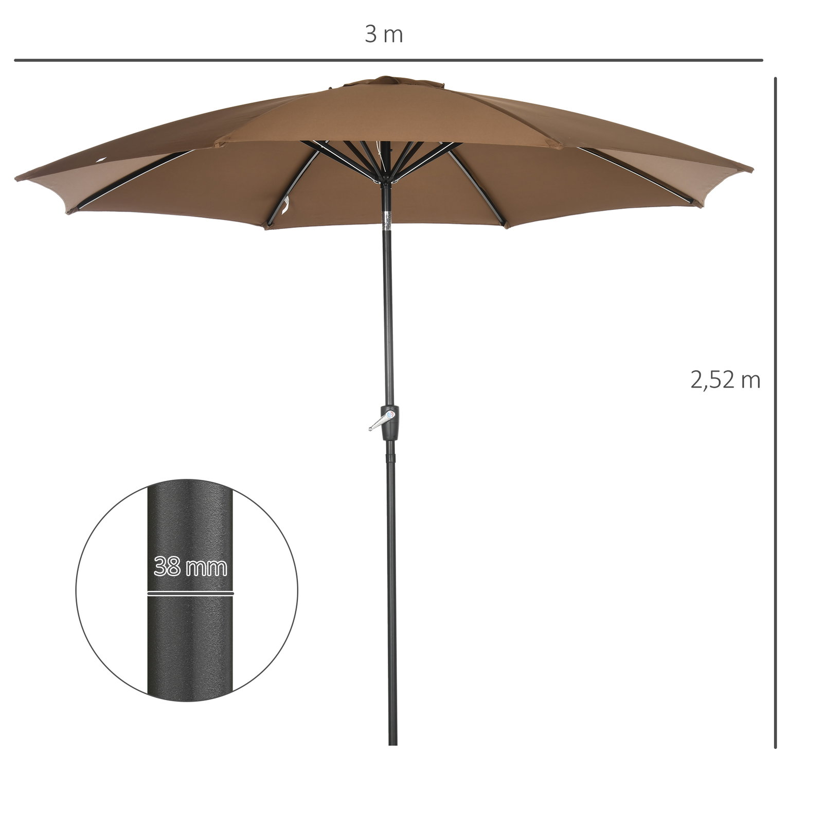Chapéu de sol a manivela com teto inclinável e 8 hastes de metal para pátio varanda exterior ø300x240 cm marrom