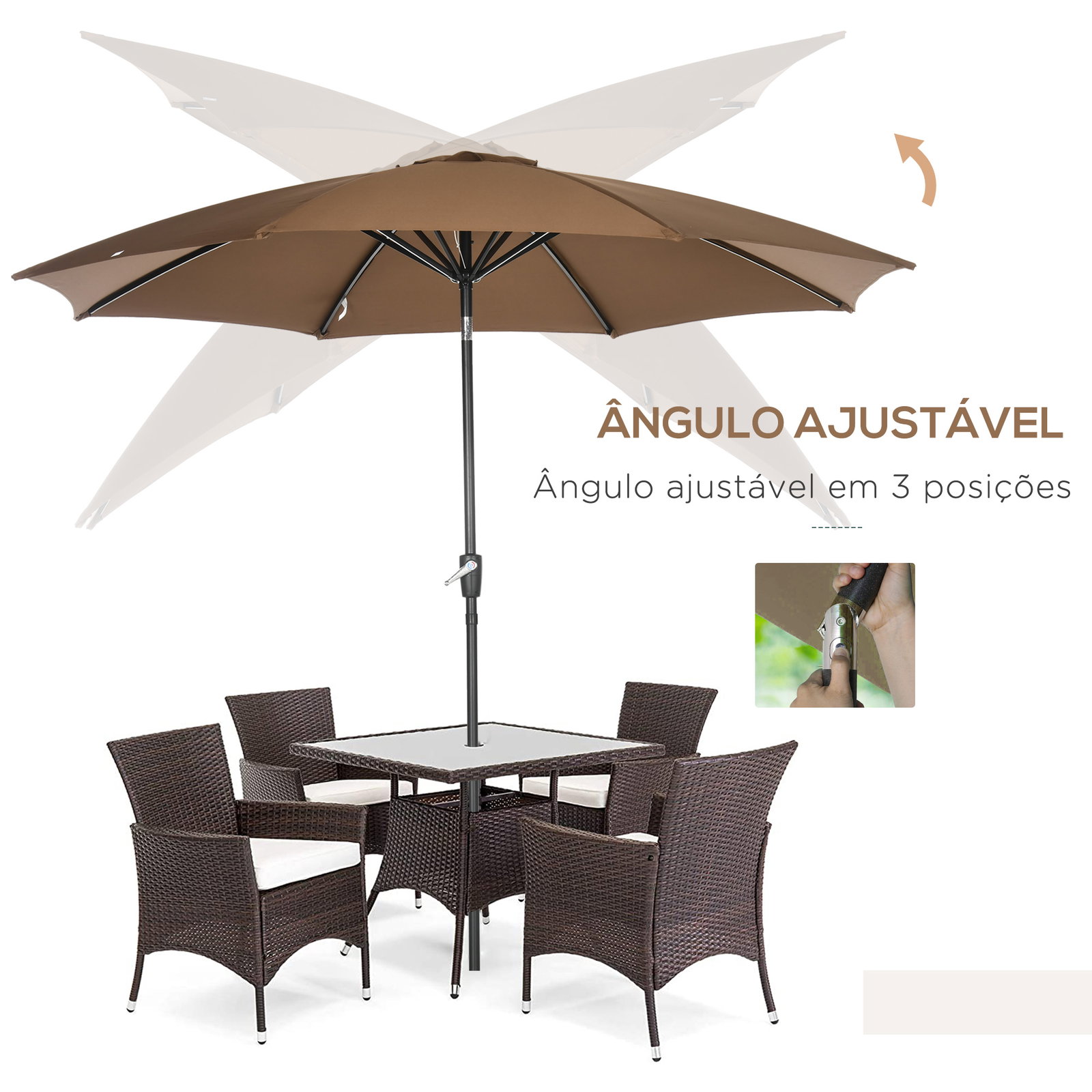 Chapéu de sol a manivela com teto inclinável e 8 hastes de metal para pátio varanda exterior ø300x240 cm marrom