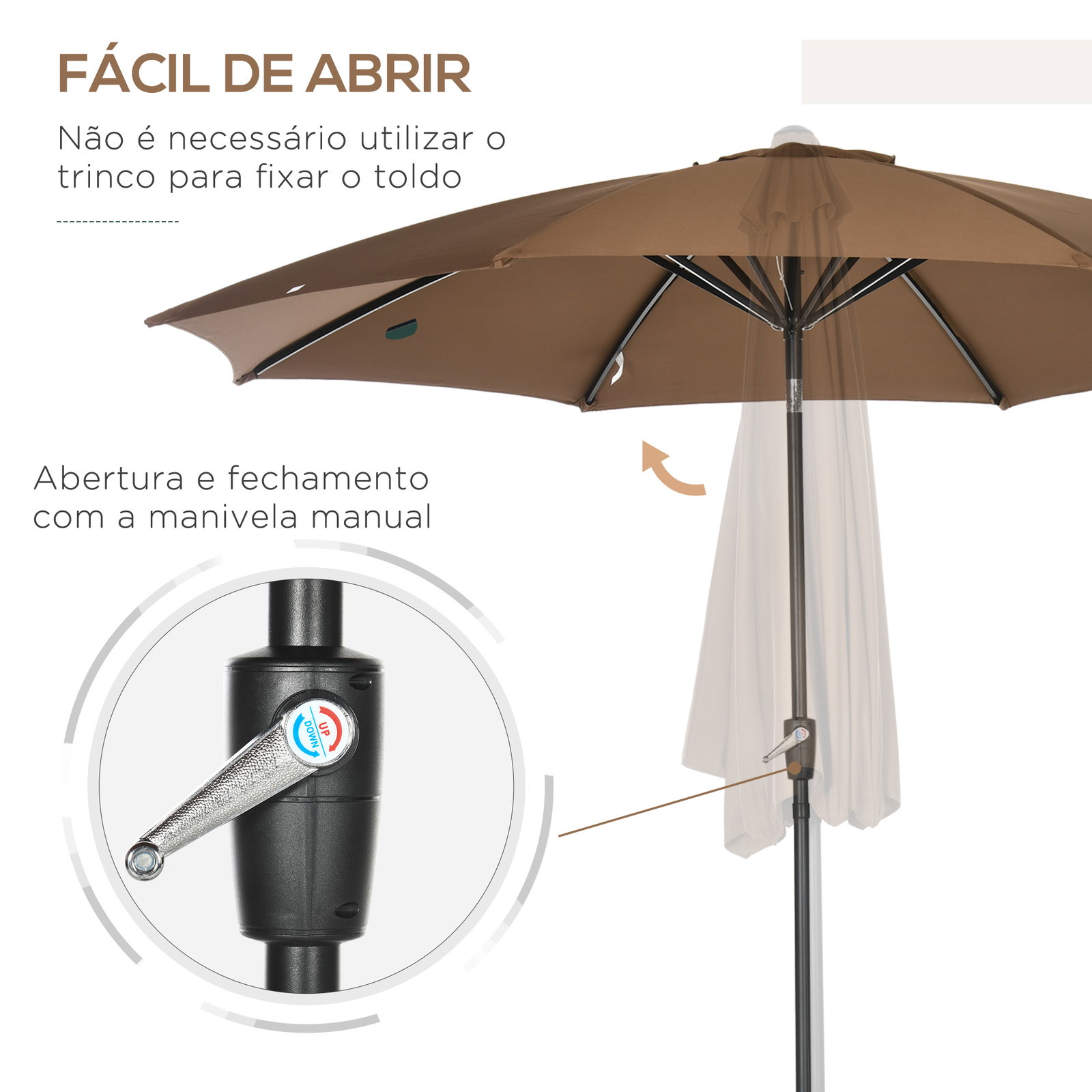 Chapéu de sol a manivela com teto inclinável e 8 hastes de metal para pátio varanda exterior ø300x240 cm marrom