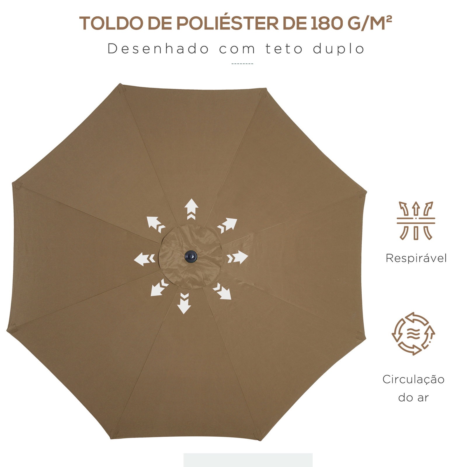 Chapéu de sol a manivela com teto inclinável e 8 hastes de metal para pátio varanda exterior ø300x240 cm marrom