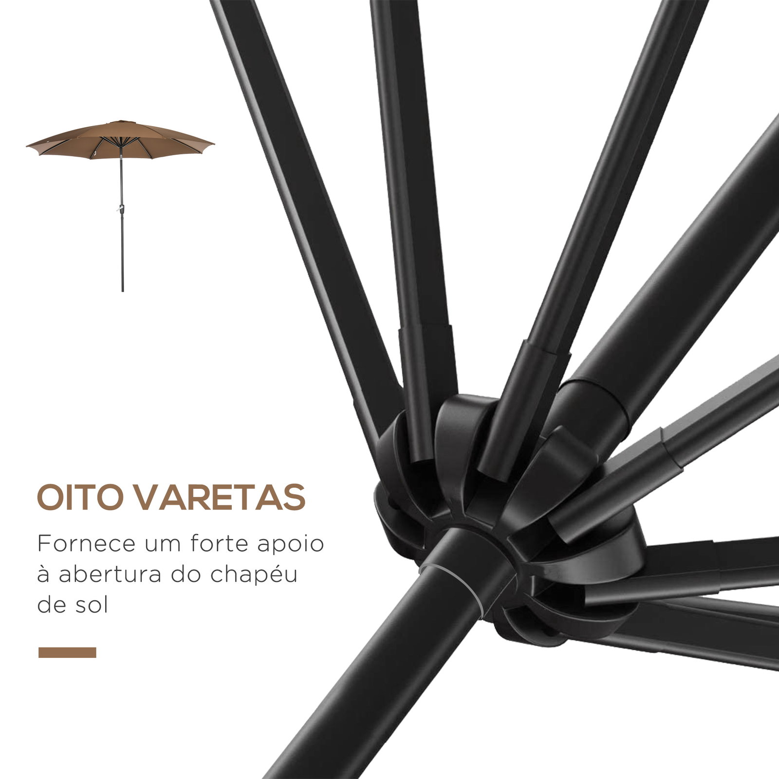 Chapéu de sol a manivela com teto inclinável e 8 hastes de metal para pátio varanda exterior ø300x240 cm marrom
