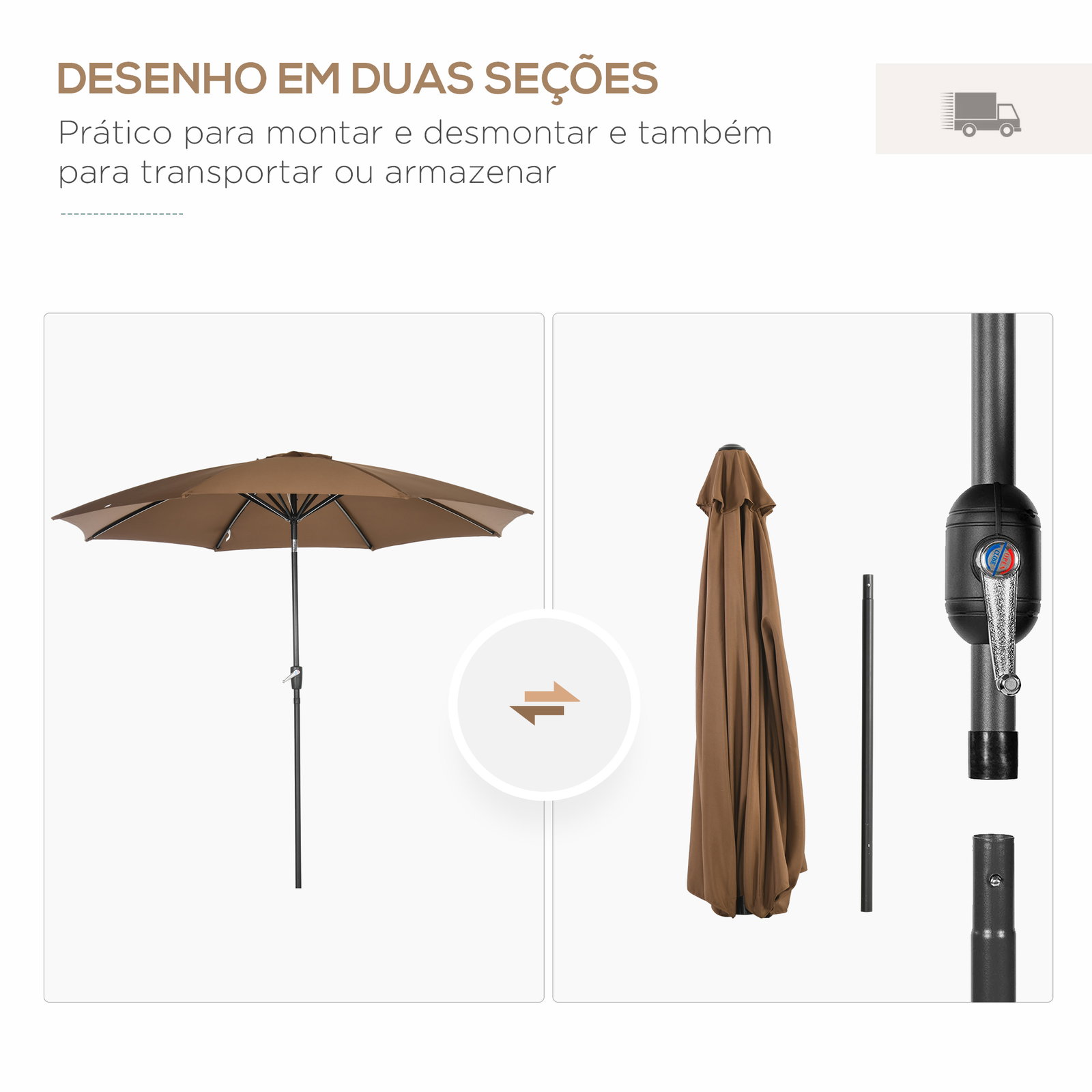 Chapéu de sol a manivela com teto inclinável e 8 hastes de metal para pátio varanda exterior ø300x240 cm marrom