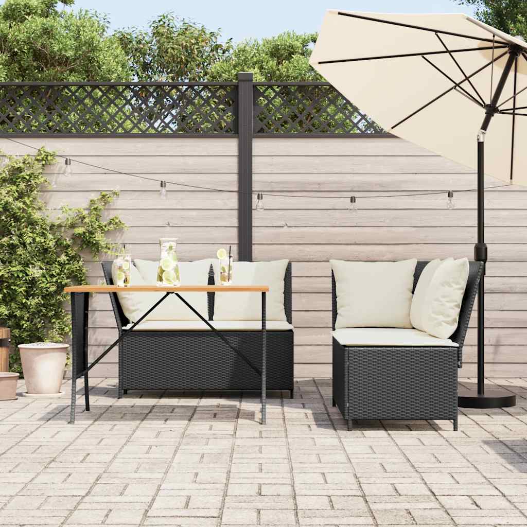 3 Pcs conjunto sofás de jardim com almofadões vime PE preto