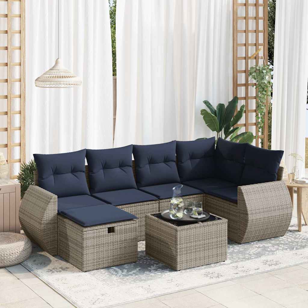 7 Pcs conjunto sofás p/ jardim c/ almofadões vime PE cinzento
