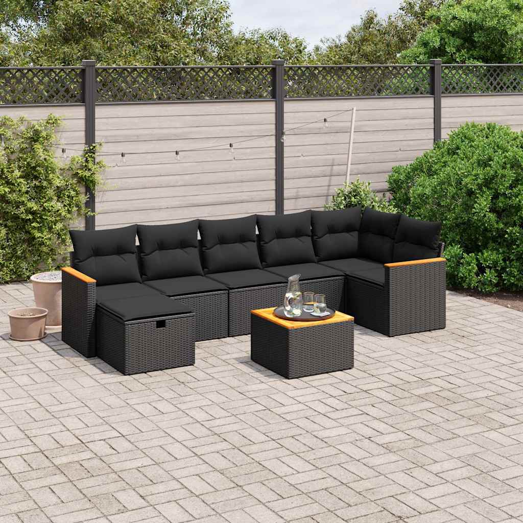 8 Pcs conjunto sofás de jardim com almofadões vime PE preto