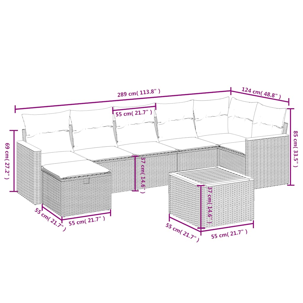 8 Pcs conjunto sofás de jardim com almofadões vime PE preto