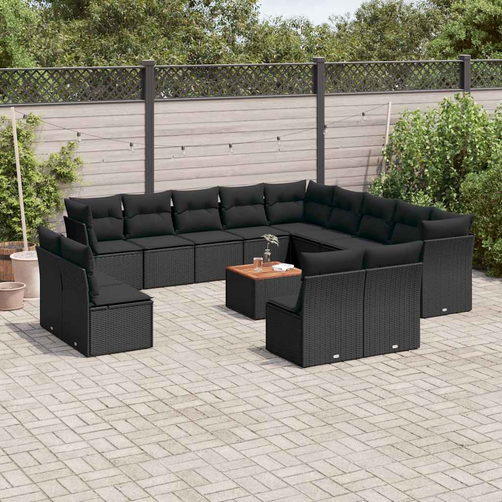 14 Pcs conjunto de sofás p/ jardim c/ almofadões vime PE preto