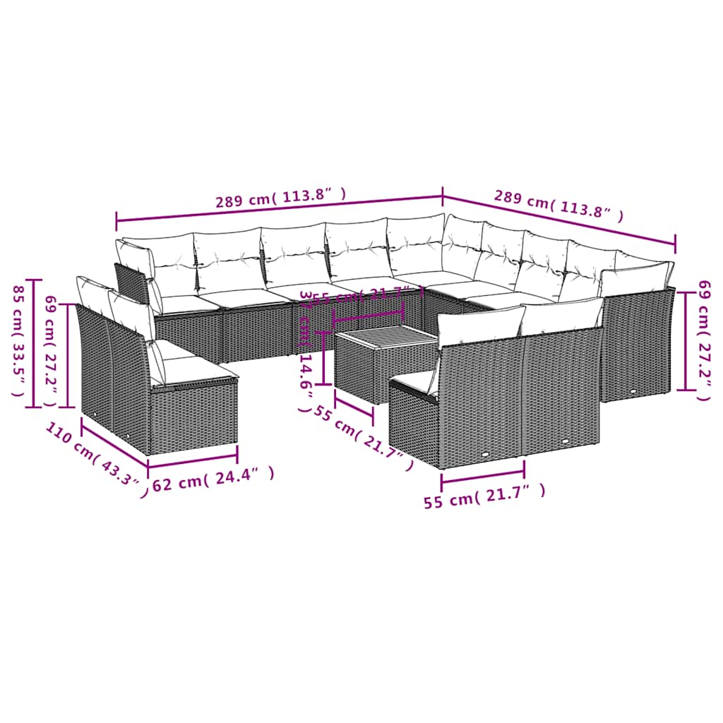 14 Pcs conjunto de sofás p/ jardim c/ almofadões vime PE preto