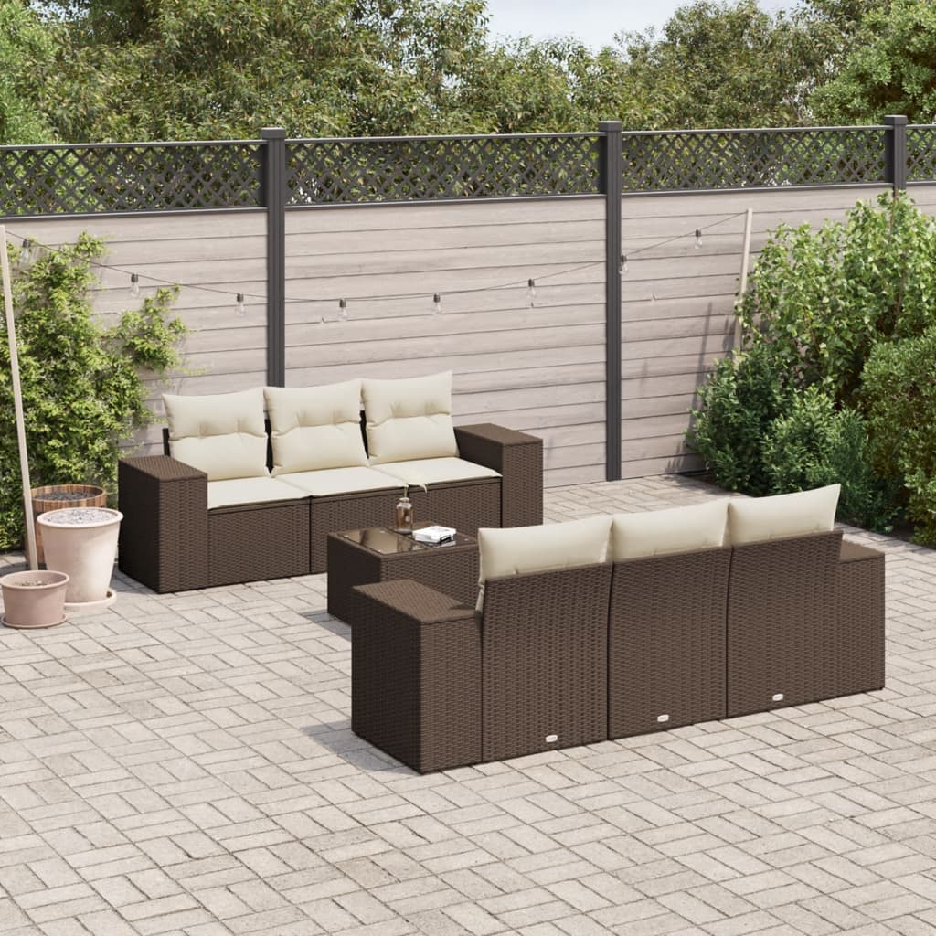 7 Pcs conjunto de sofás jardim c/ almofadões vime PE castanho