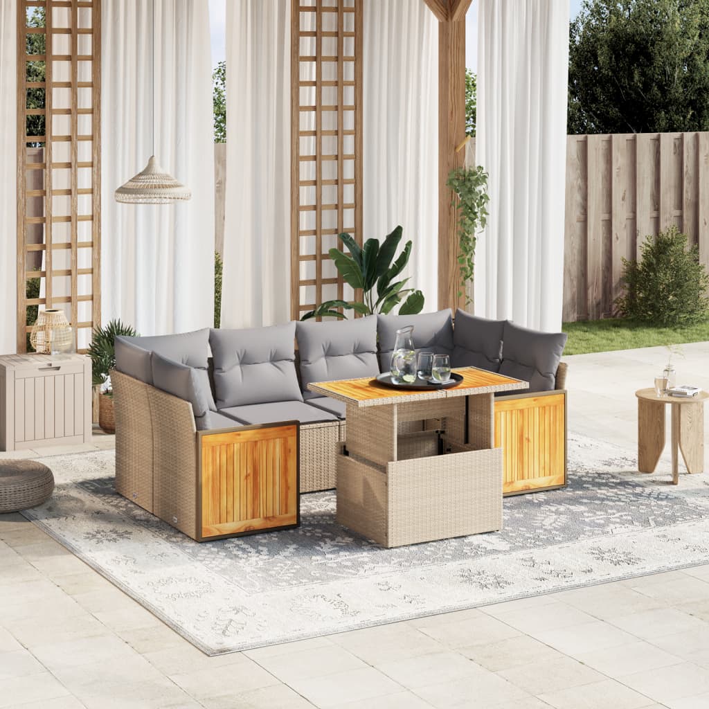 7 Pcs conjunto de sofás p/ jardim com almofadões vime PE bege