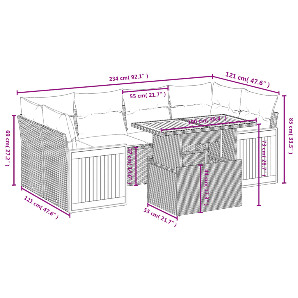 7 Pcs conjunto de sofás p/ jardim com almofadões vime PE bege