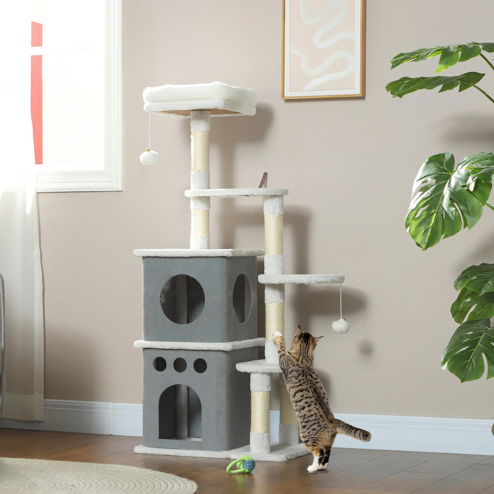 Arranhador para gatos 126 cm com caverna plataformas bolas suspensas e poste de sisal 56x34x126 cm cinza e creme