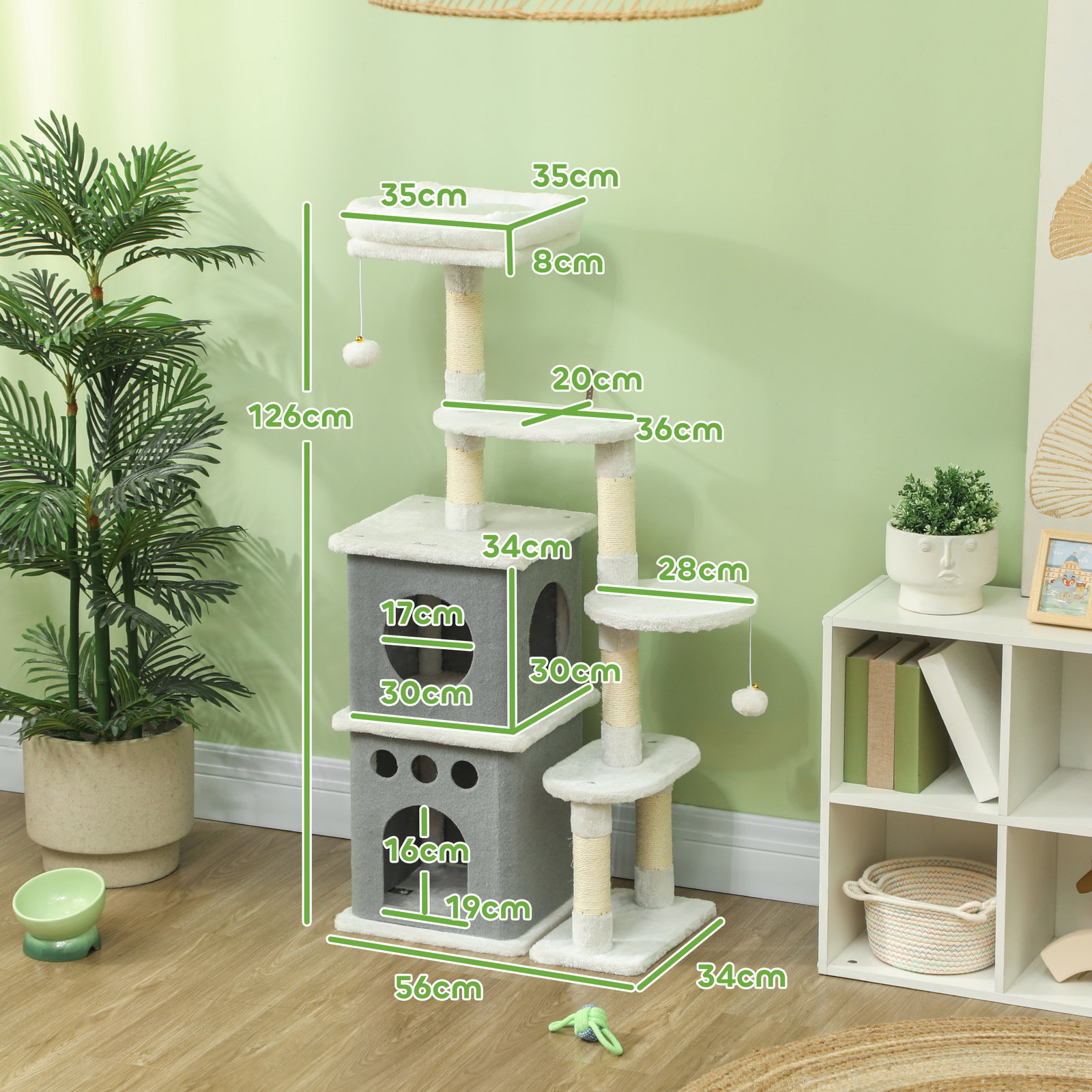 Arranhador para gatos 126 cm com caverna plataformas bolas suspensas e poste de sisal 56x34x126 cm cinza e creme