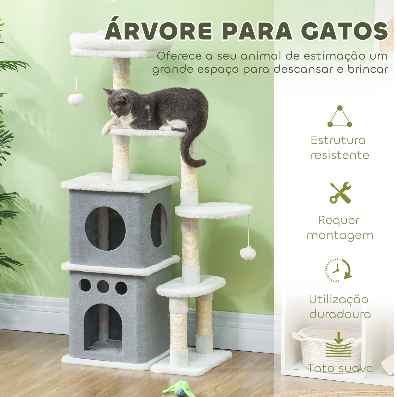 Arranhador para gatos 126 cm com caverna plataformas bolas suspensas e poste de sisal 56x34x126 cm cinza e creme