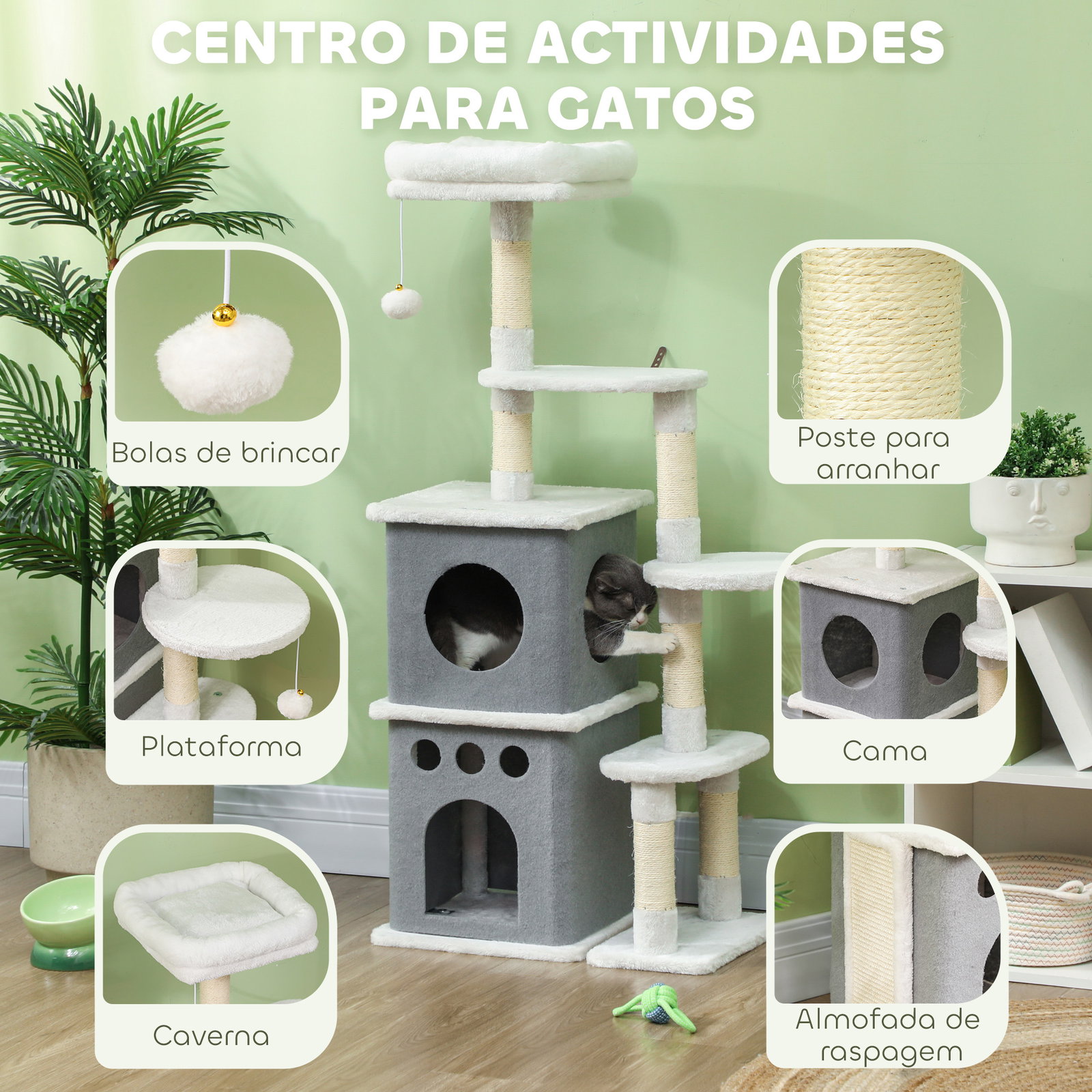 Arranhador para gatos 126 cm com caverna plataformas bolas suspensas e poste de sisal 56x34x126 cm cinza e creme