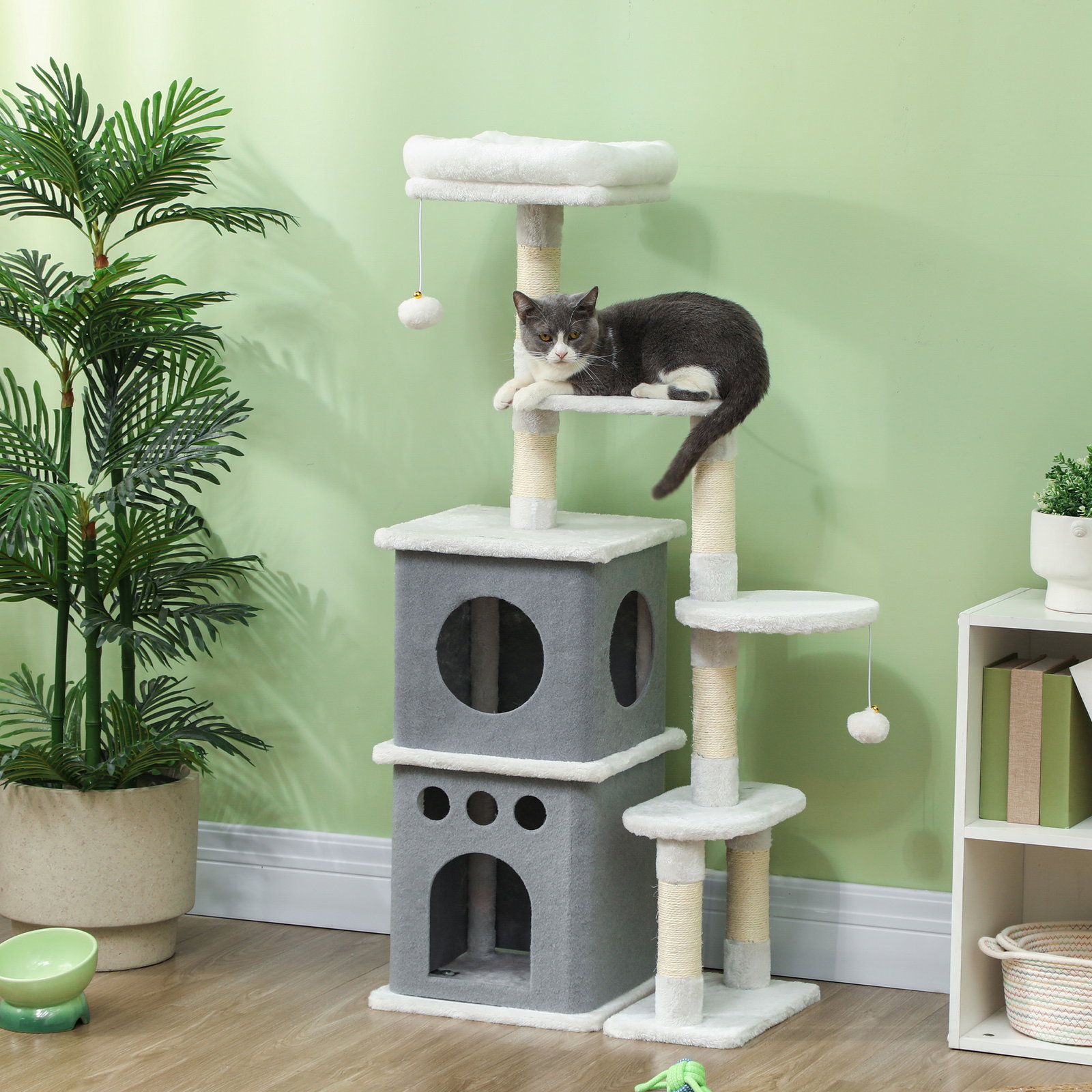 Arranhador para gatos 126 cm com caverna plataformas bolas suspensas e poste de sisal 56x34x126 cm cinza e creme
