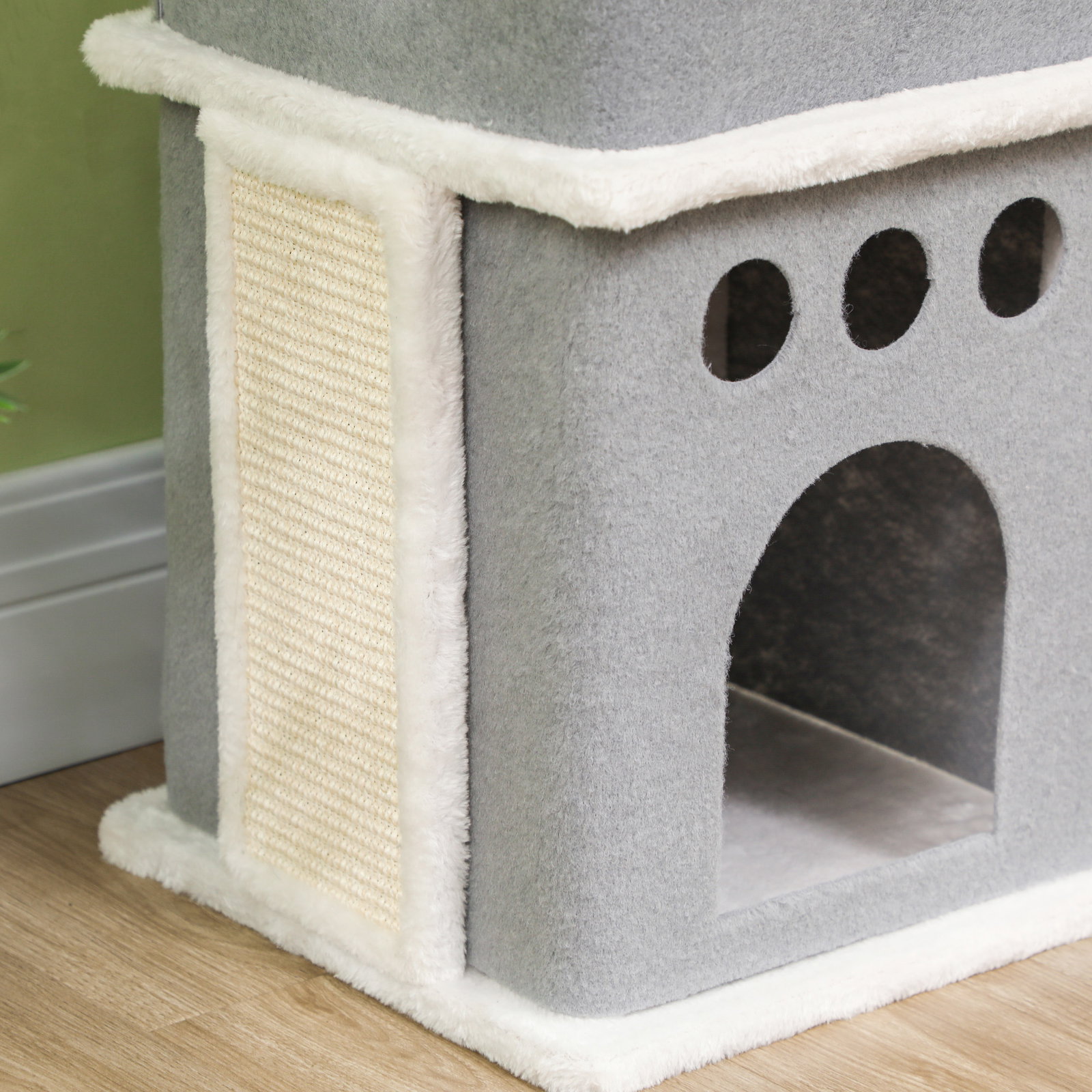 Arranhador para gatos 126 cm com caverna plataformas bolas suspensas e poste de sisal 56x34x126 cm cinza e creme