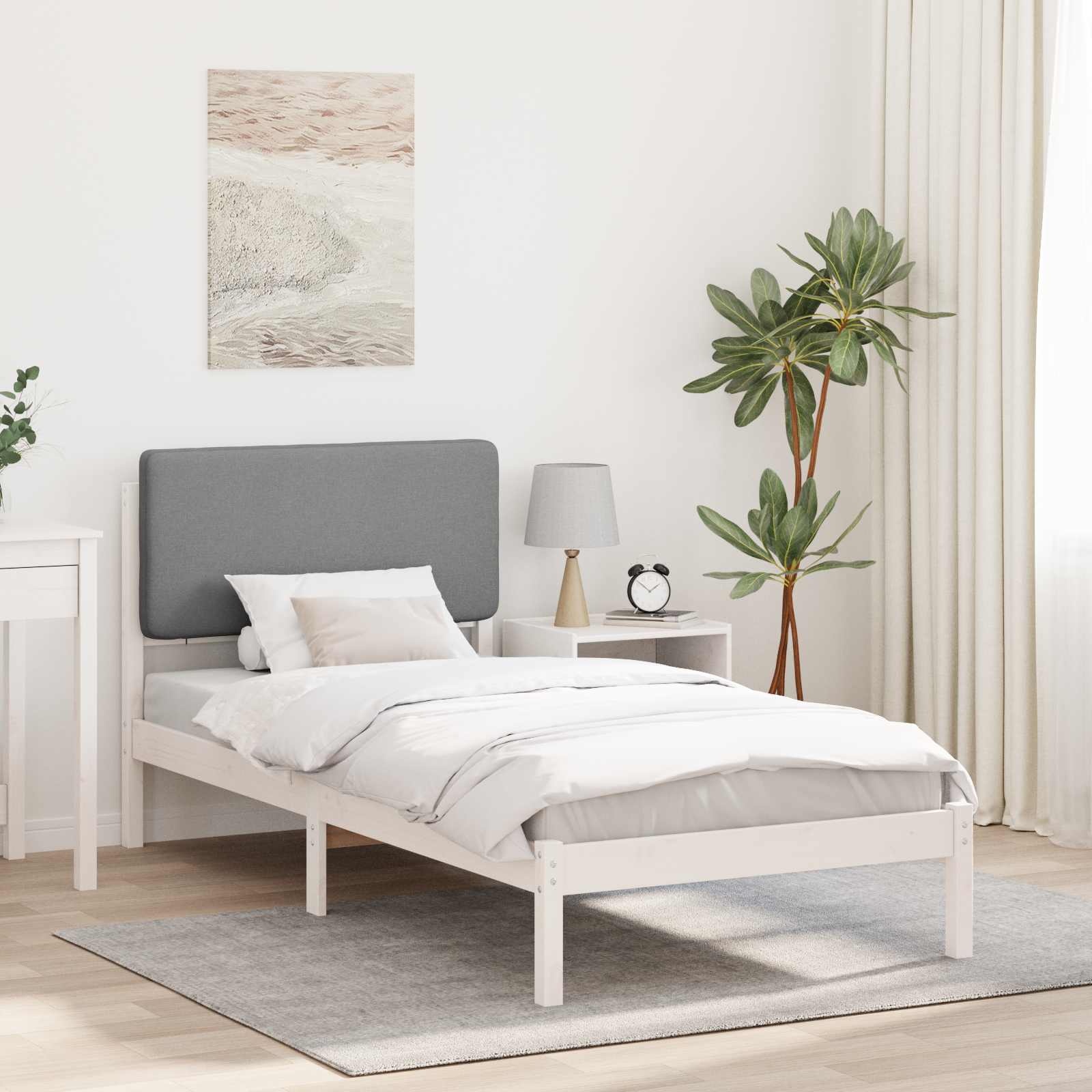 Estrutura de cama com cabeceira estofada cinzento-claro