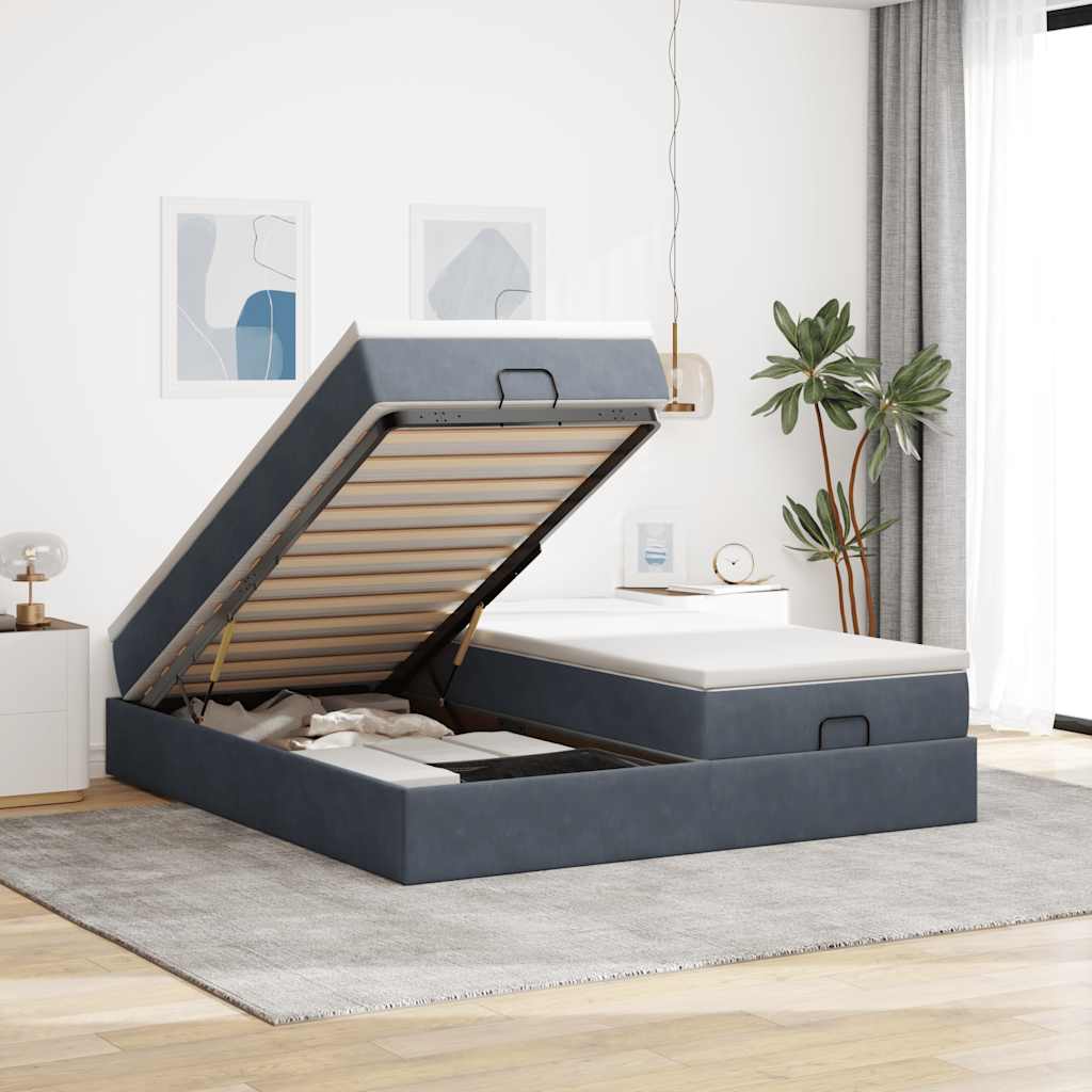 Moldura de cama otomana com colchão cinza escuro veludo