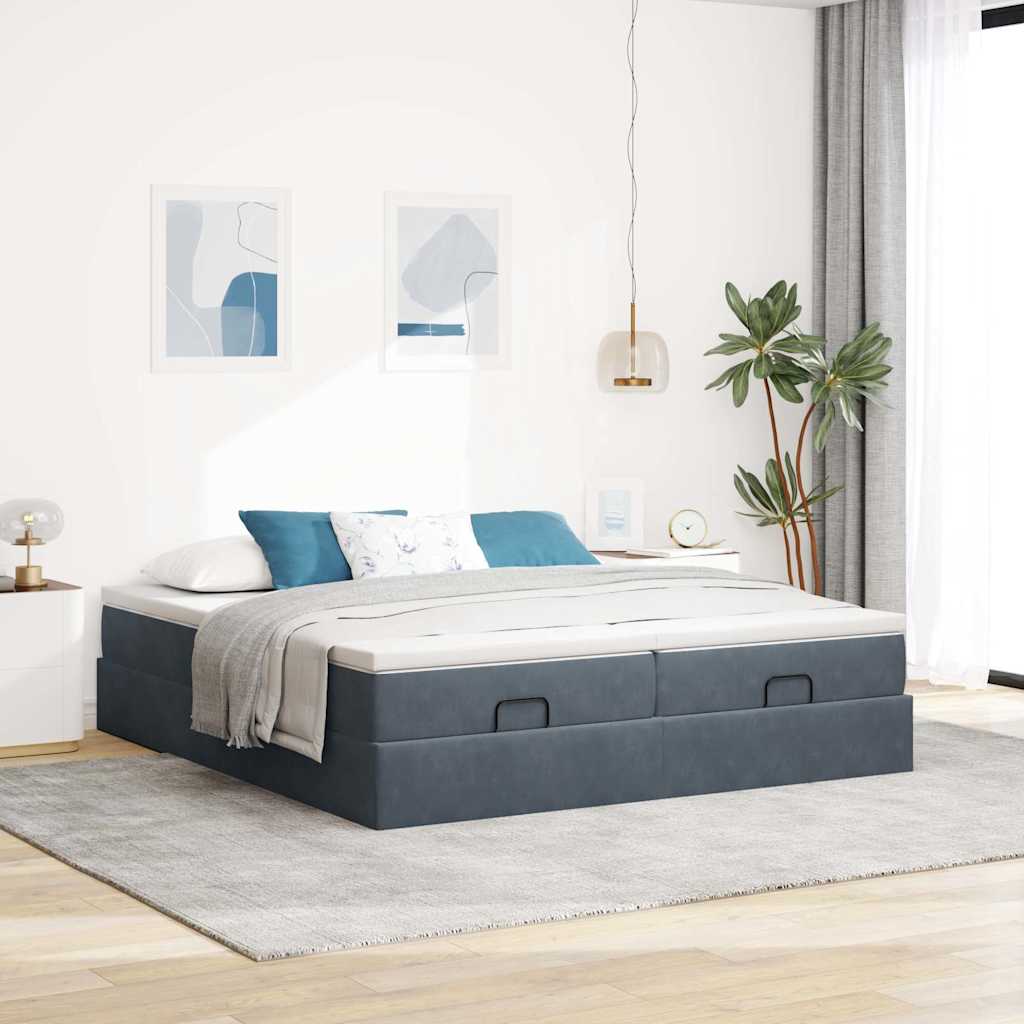 Moldura de cama otomana com colchão cinza escuro veludo