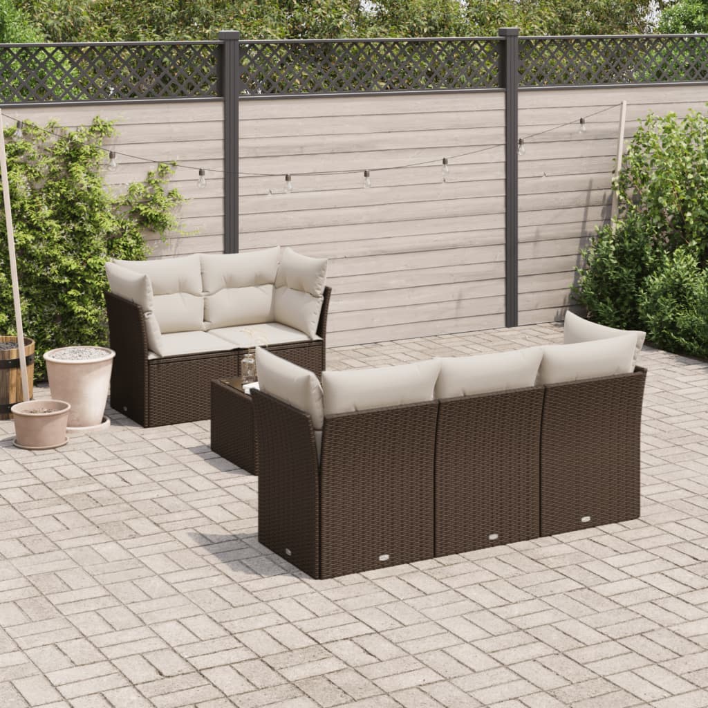 6 Pcs conjunto de sofás jardim c/ almofadões vime PE castanho