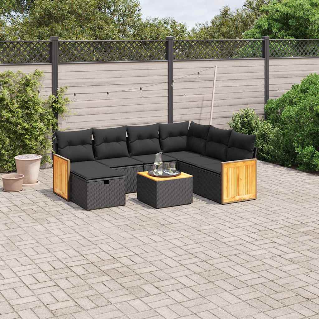 8 Pcs conjunto sofás de jardim com almofadões vime PE preto