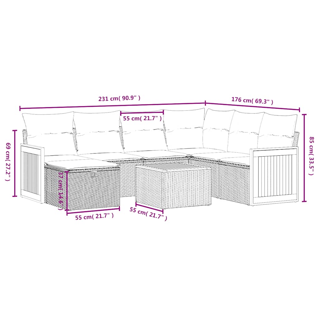 8 Pcs conjunto sofás de jardim com almofadões vime PE preto