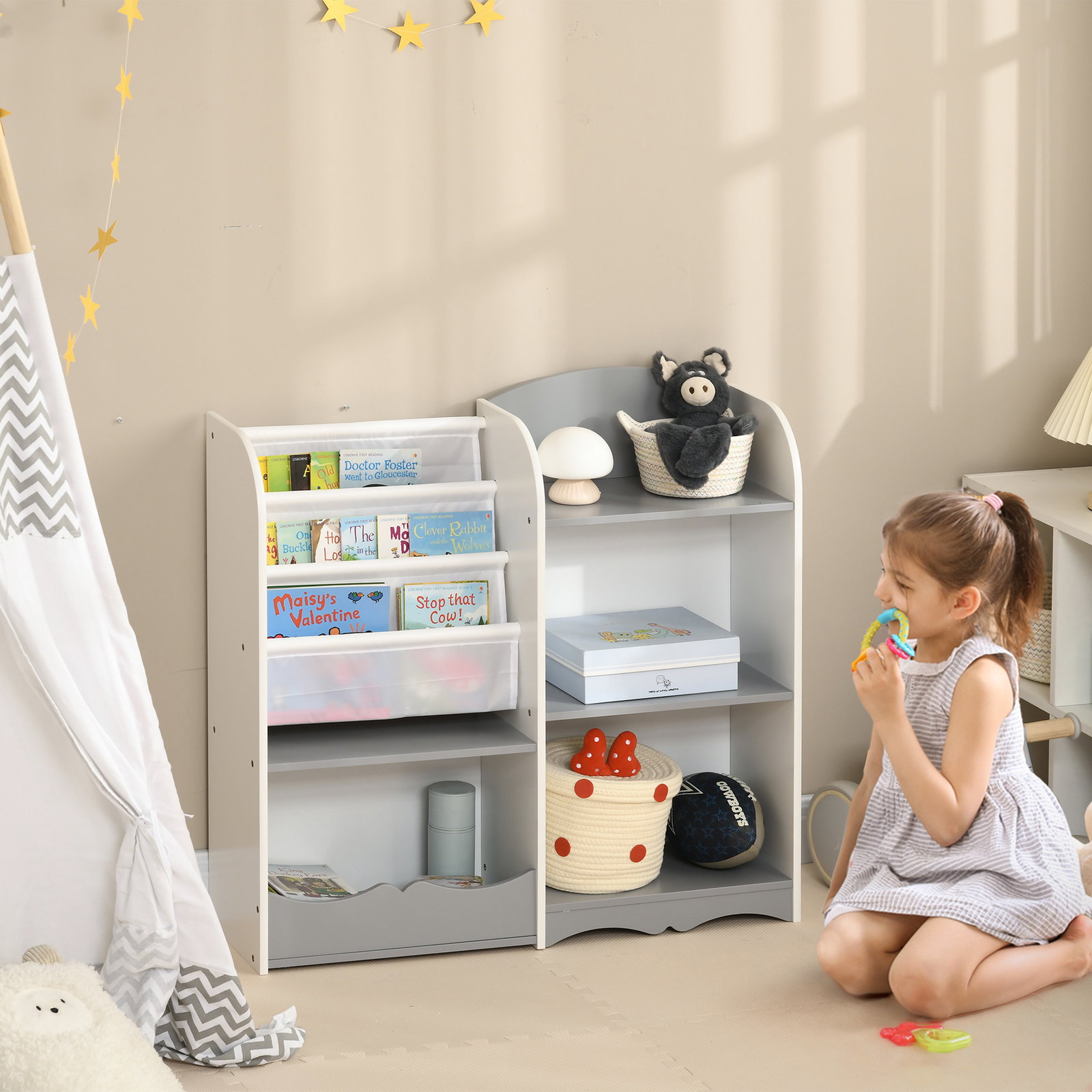 Organizador de brinquedos estante para crianças com prateleiras abertas para dormitório sala de jogos 85x26x84 cm cinza