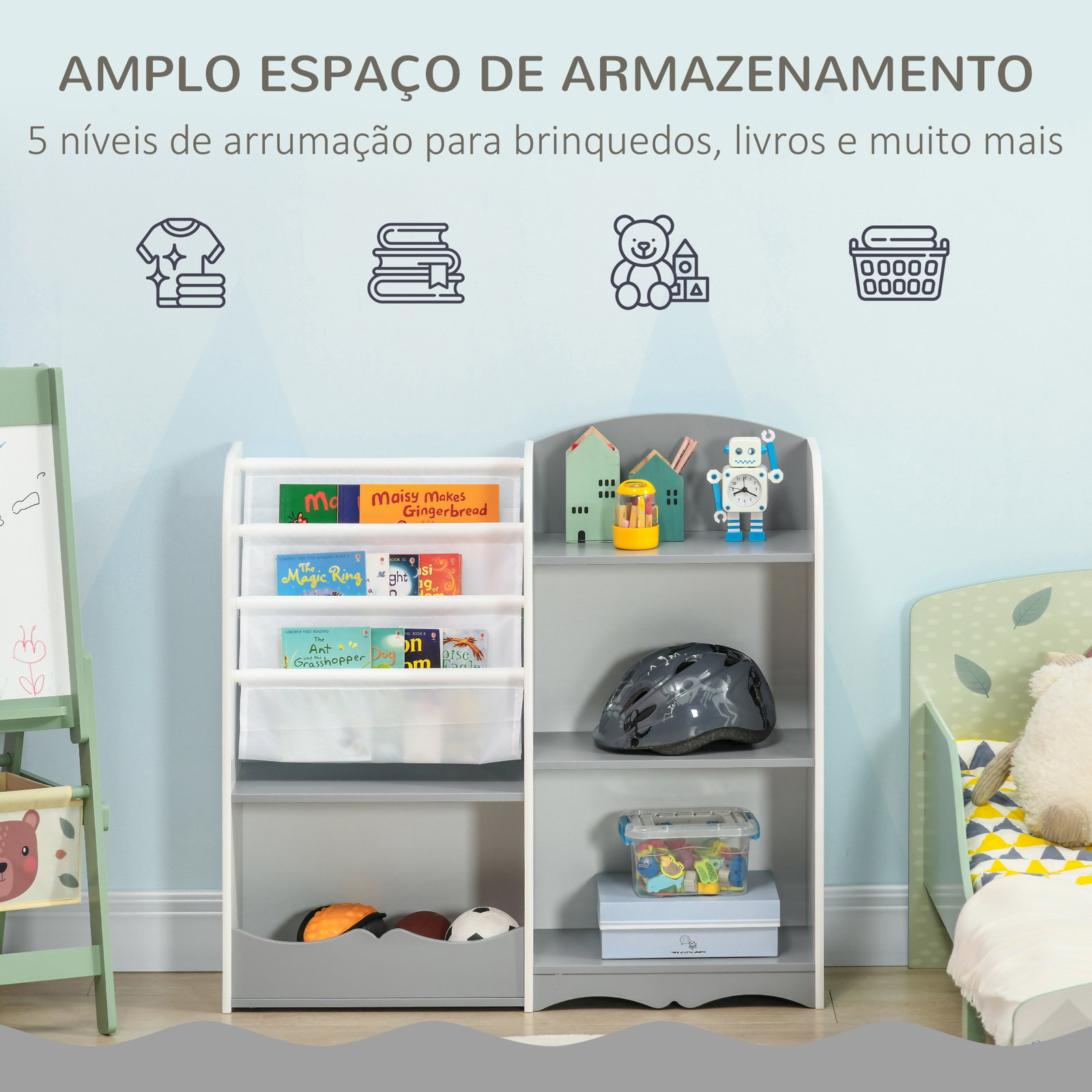 Organizador de brinquedos estante para crianças com prateleiras abertas para dormitório sala de jogos 85x26x84 cm cinza