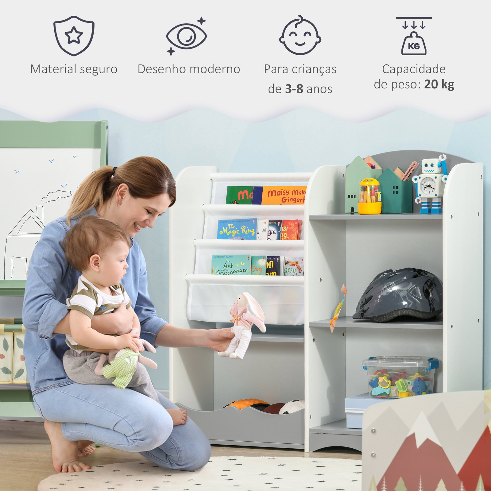Organizador de brinquedos estante para crianças com prateleiras abertas para dormitório sala de jogos 85x26x84 cm cinza