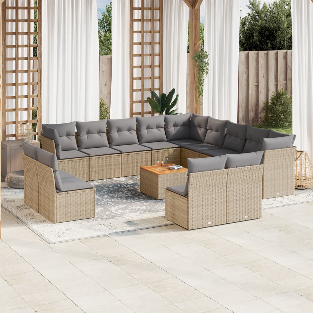 14 Pcs conj. sofás jardim c/ almofadões vime PE bege misturado