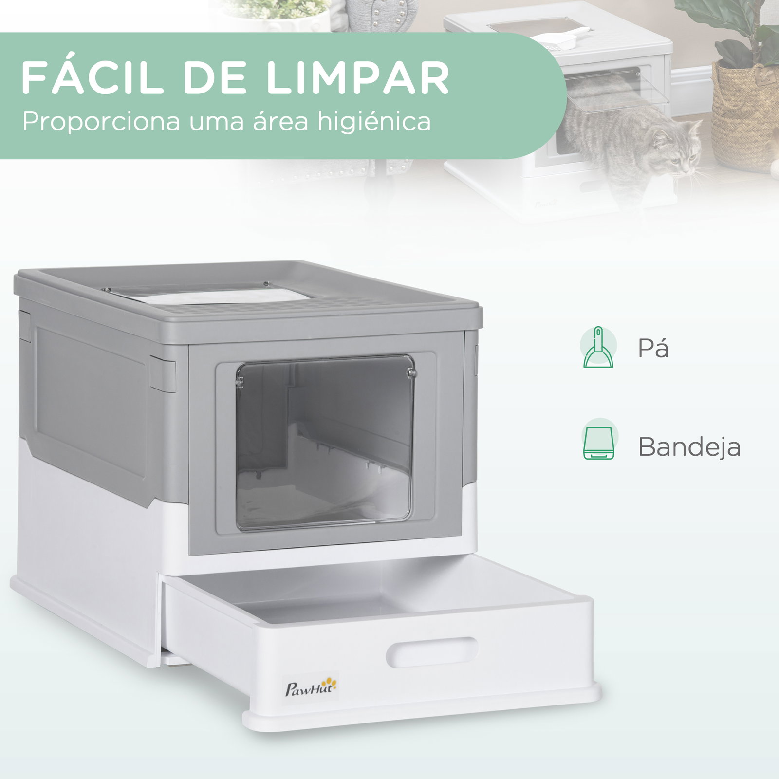 Caixa de areia para gatos dobrável caixa de areia para gatos fechada com bandeja removível e pá 47,5x35,5x36,7cm cinza