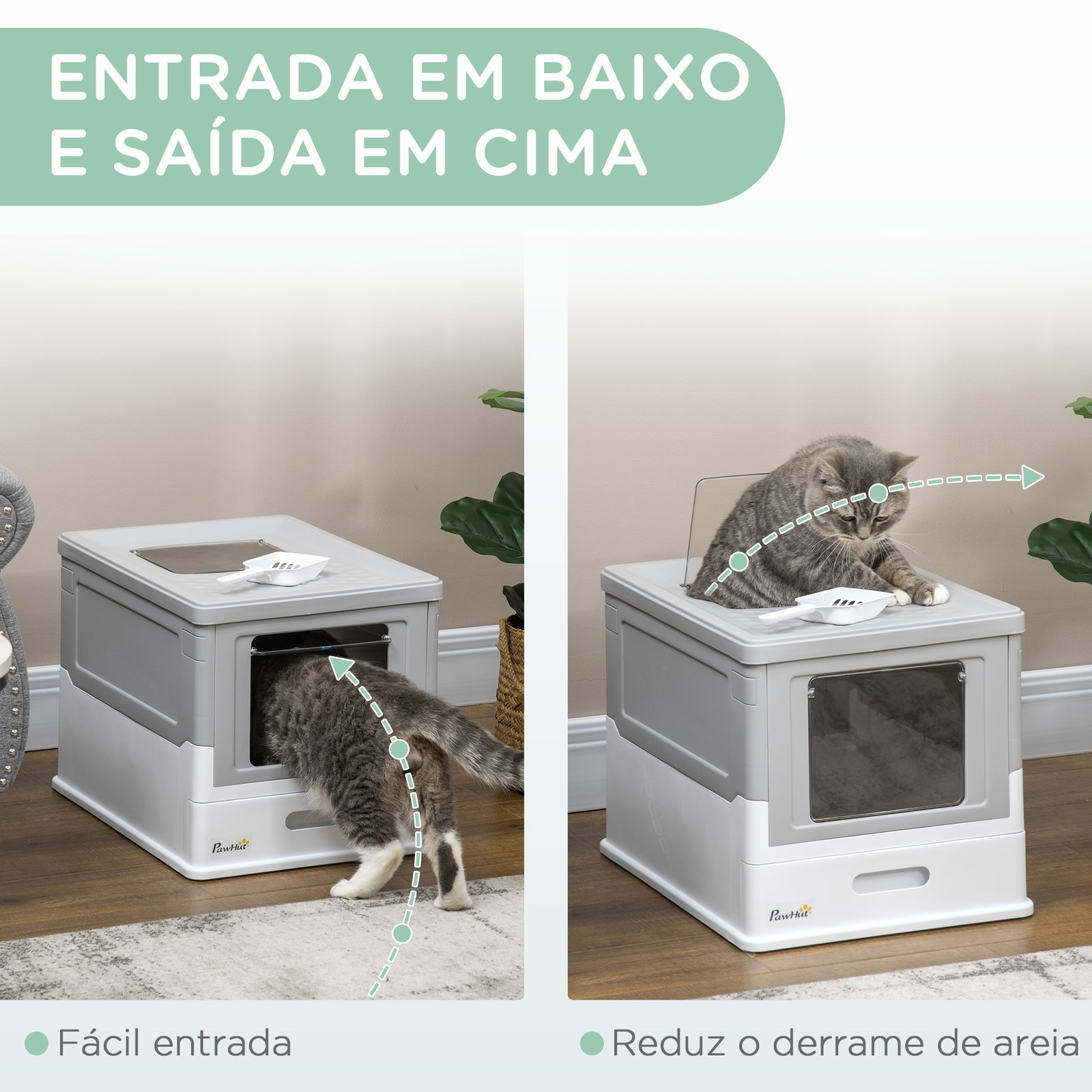 Caixa de areia para gatos dobrável caixa de areia para gatos fechada com bandeja removível e pá 47,5x35,5x36,7cm cinza