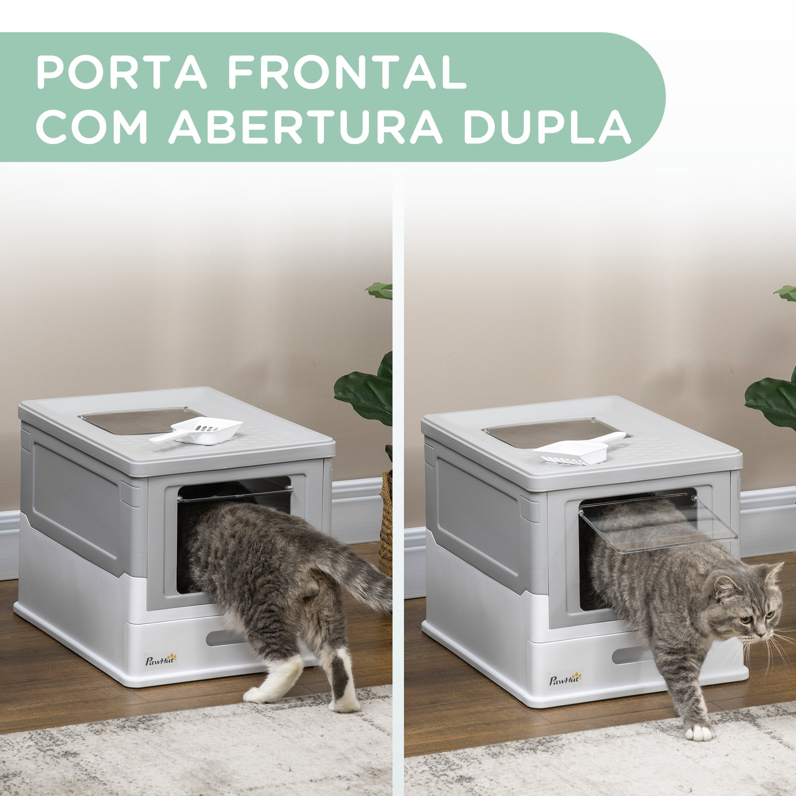 Caixa de areia para gatos dobrável caixa de areia para gatos fechada com bandeja removível e pá 47,5x35,5x36,7cm cinza