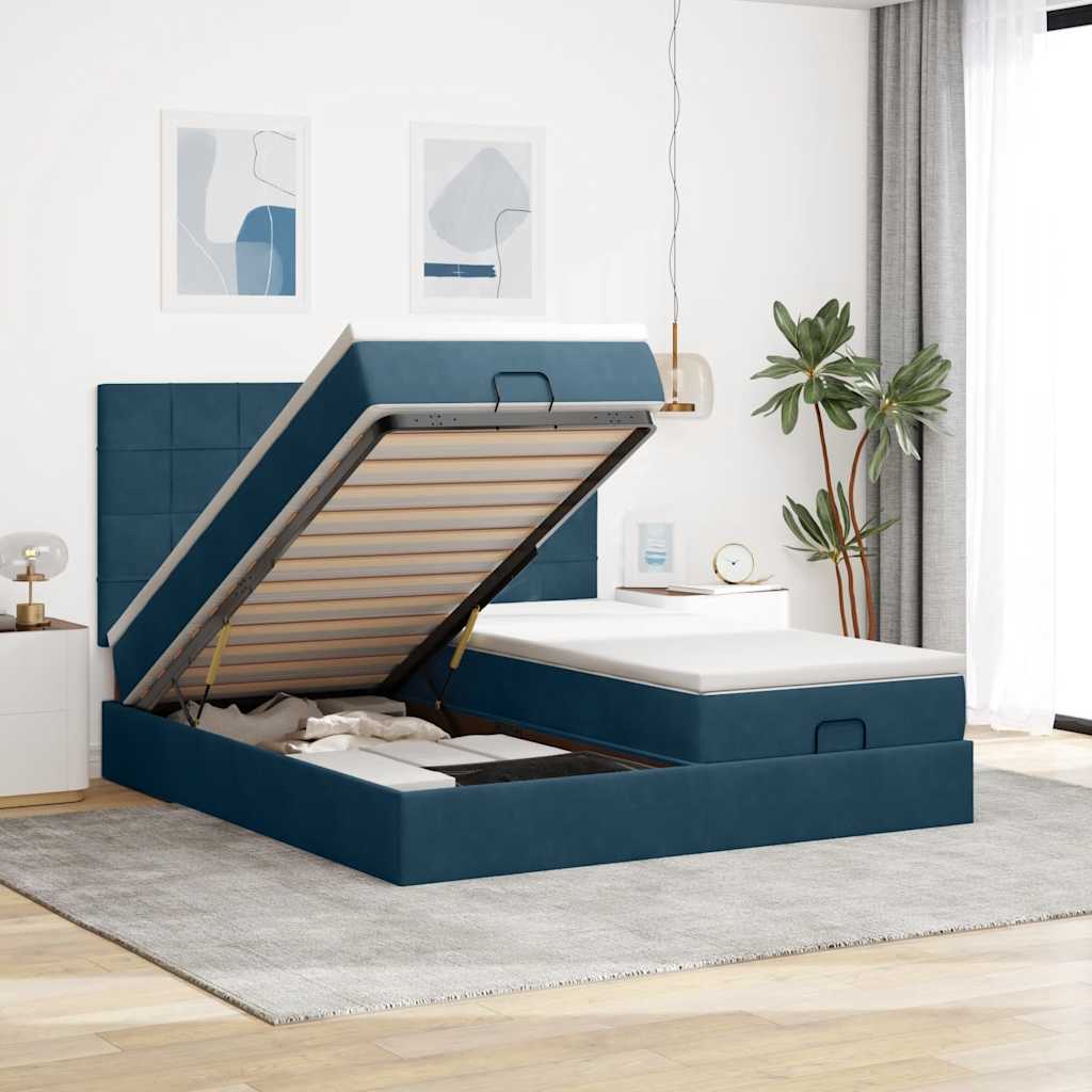 Estrutura de cama otomana com colchão azul escuro veludo