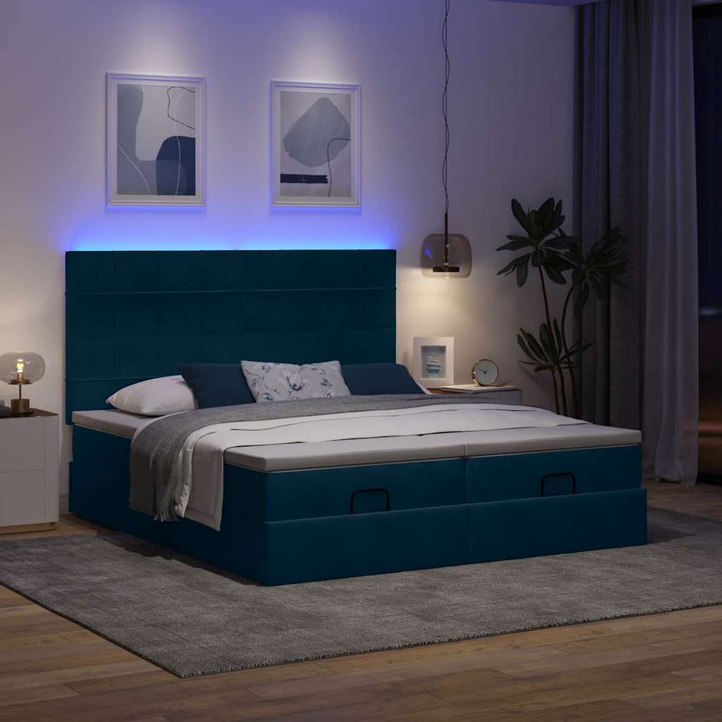 Estrutura de cama otomana com colchão azul escuro veludo