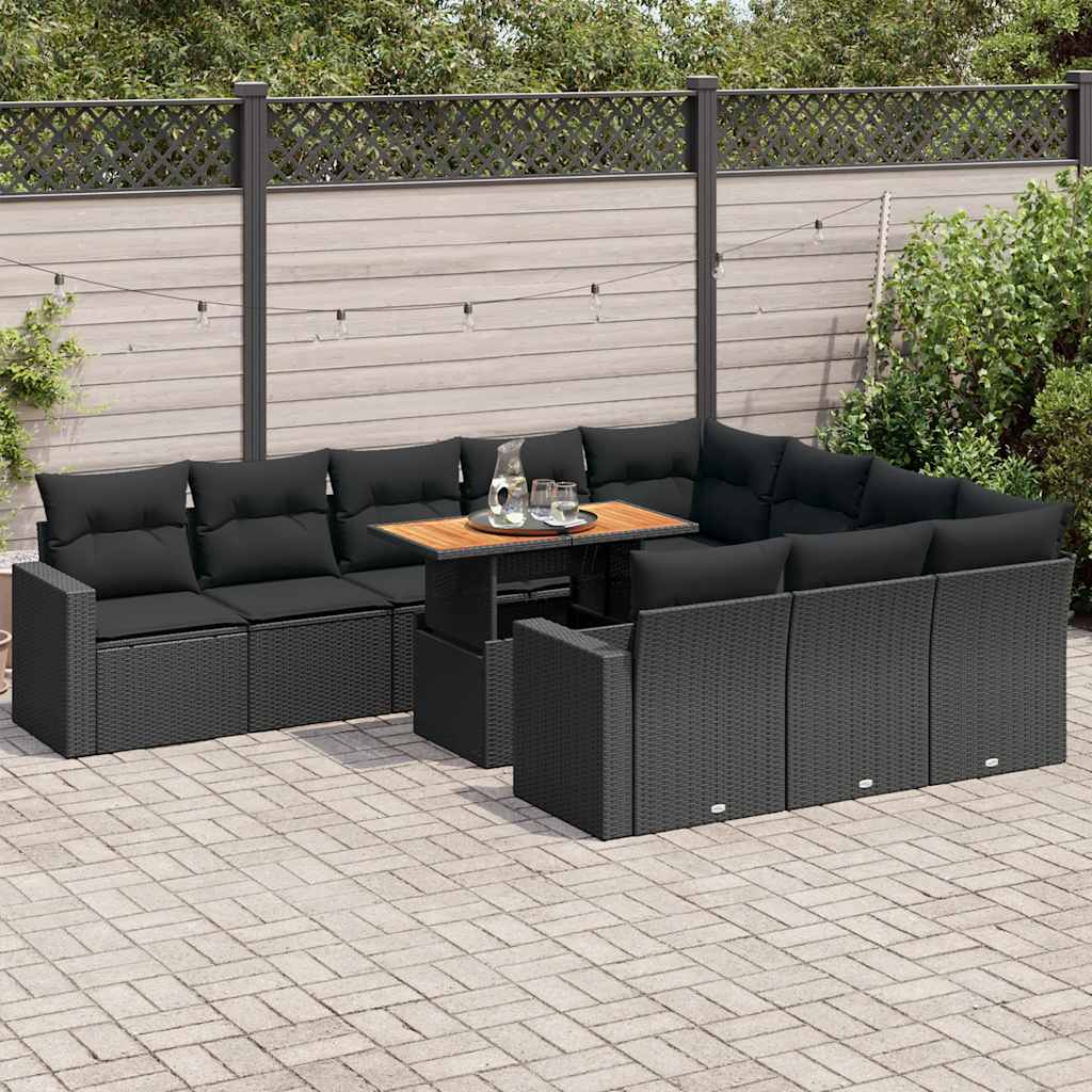 11 Pcs conjunto sofás de jardim c/ almofadões vime PE preto