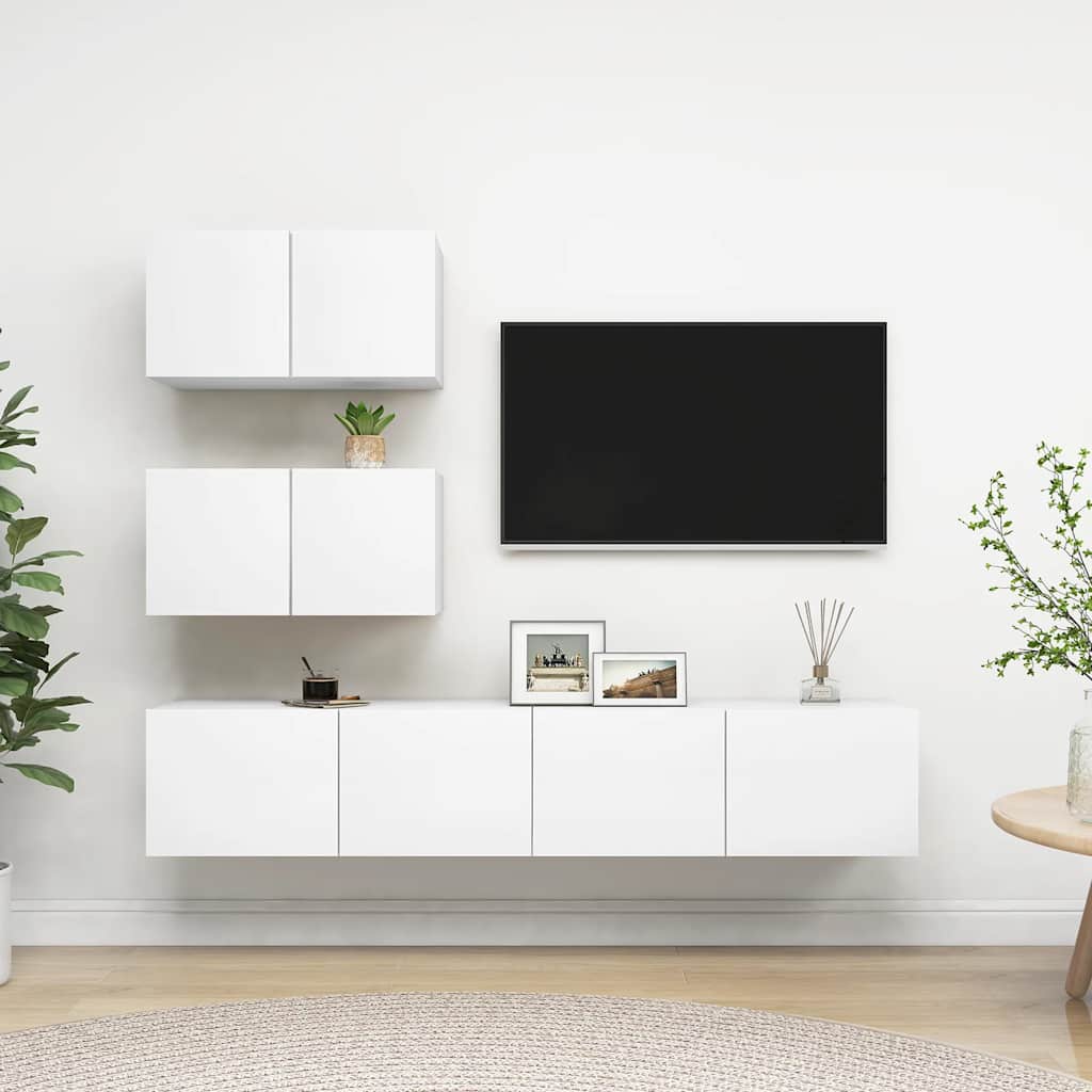 4 Pcs conjunto de móveis de TV derivados de madeira branco