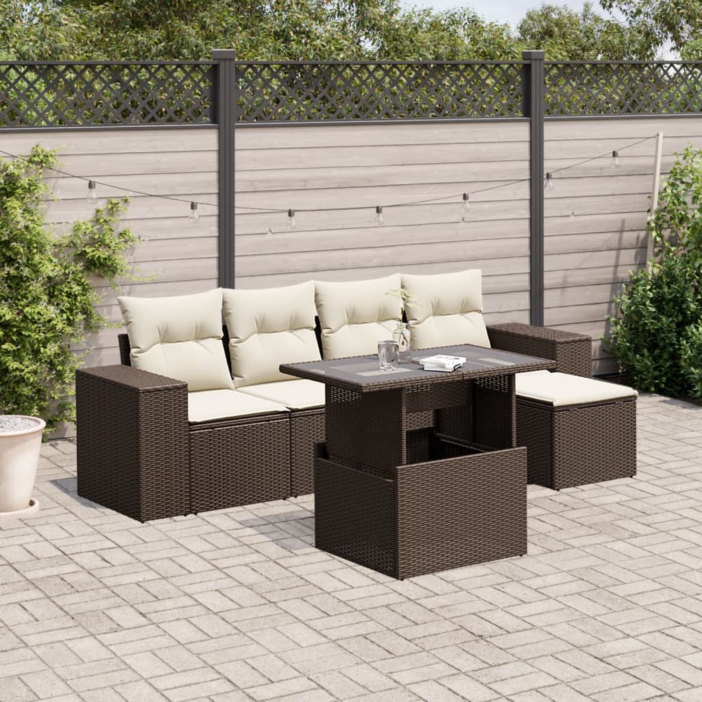 6 Pcs conjunto de sofás jardim c/ almofadões vime PE castanho