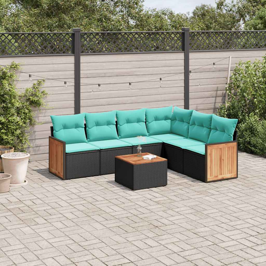 Conjunto de sofá de jardim com 7 peças e almofadas em rattan sintético preto