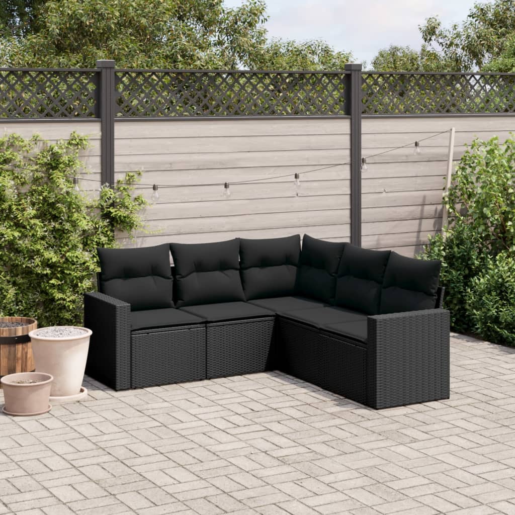 5 Pcs conjunto sofás de jardim com almofadões vime PE preto