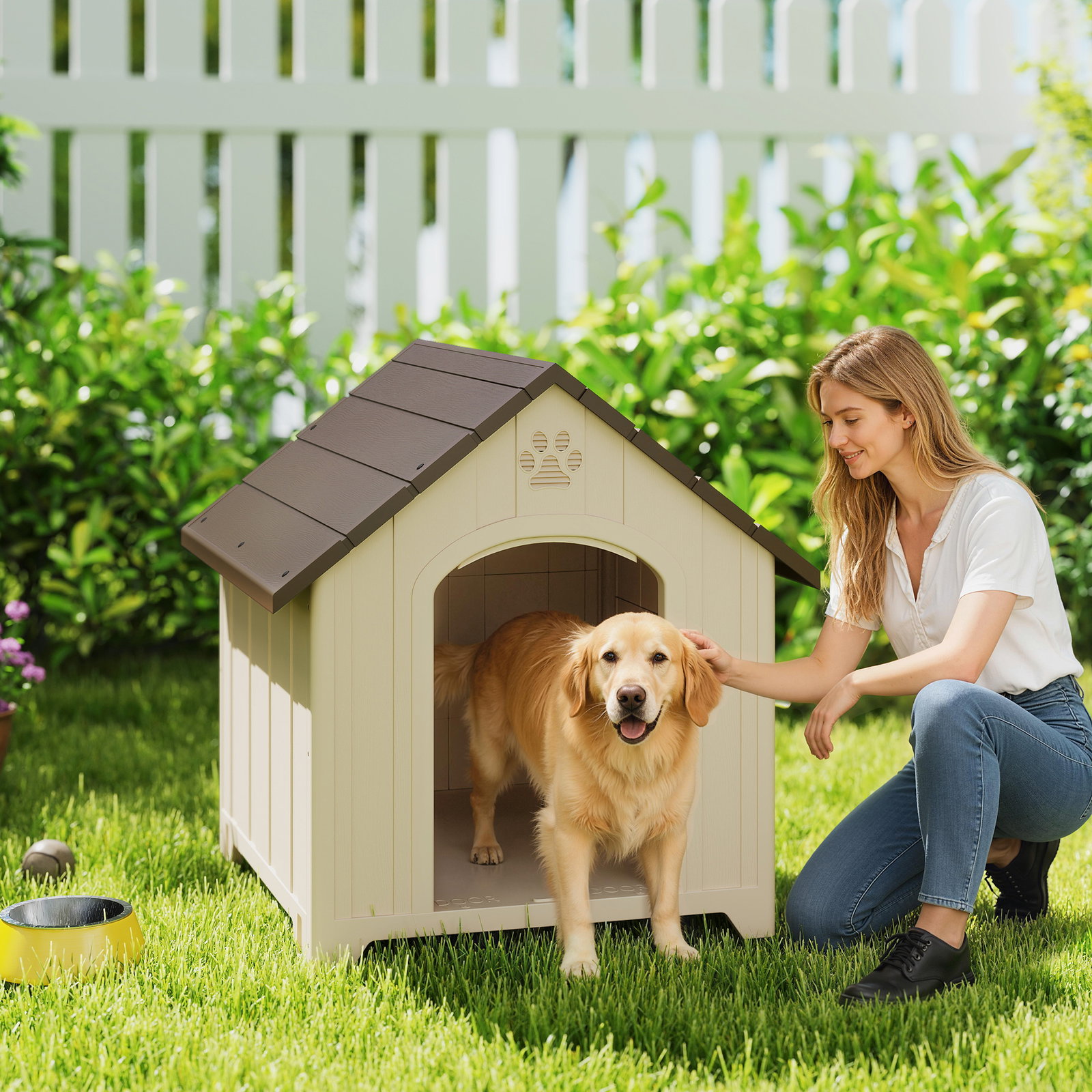 Casota para cães de exterior casa para cães grandes de plástico com 2 janelas base elevada estacas bege